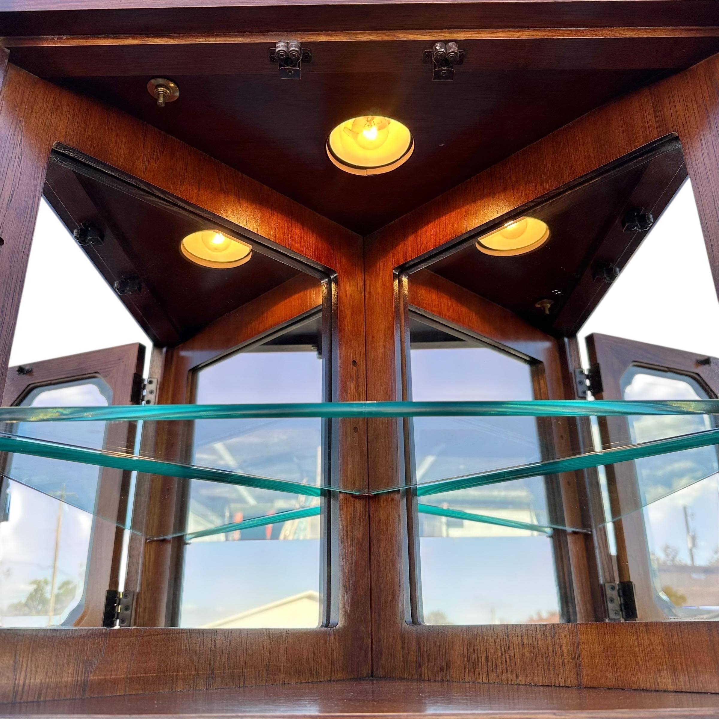 Lighted Corner Cabinet 79” Tall by Thomasville Mystique - Vintage Wood, Mirror Glass & Brass Display Case - Chinoiserie Asian Style Shelf - Thumbnail 6