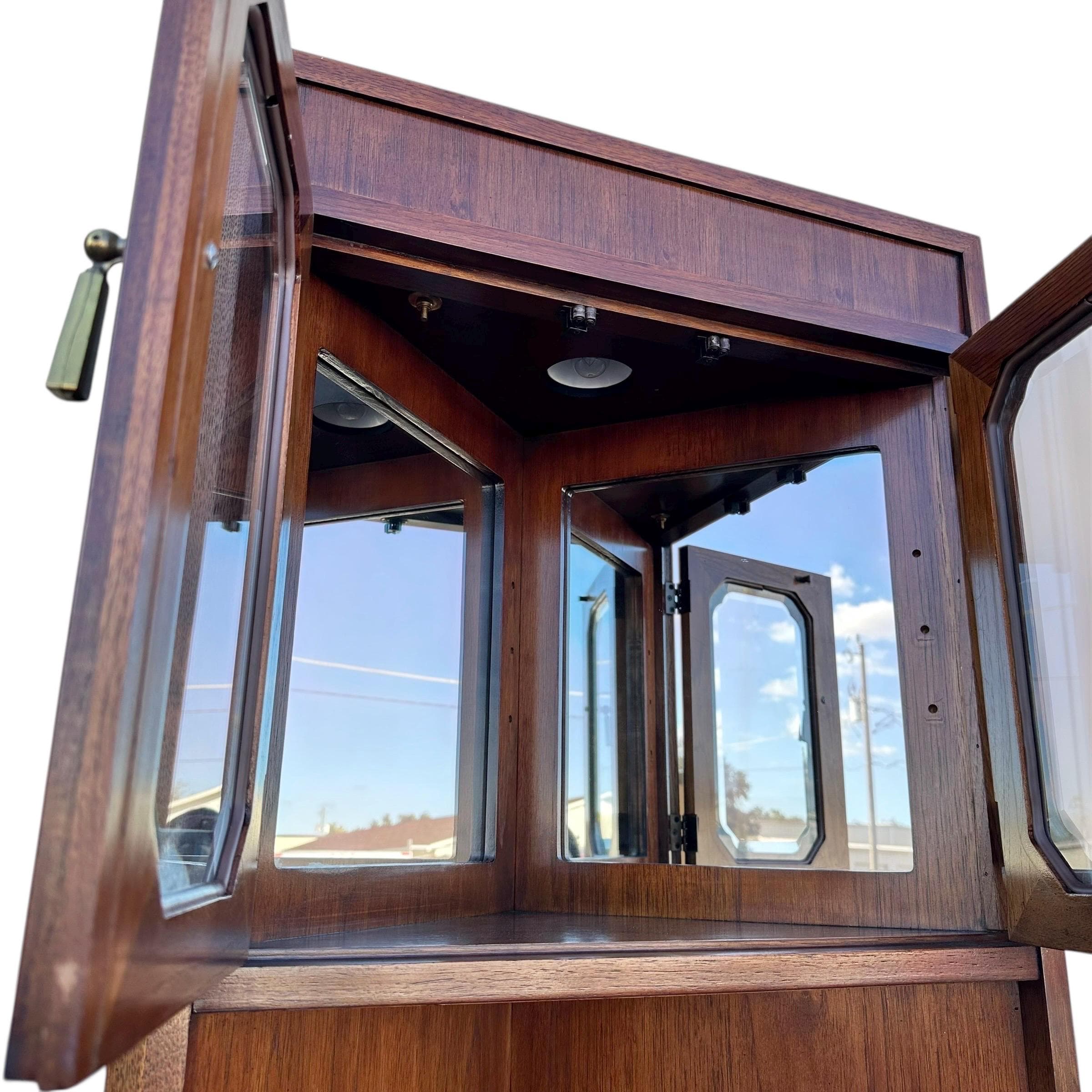 Lighted Corner Cabinet 79” Tall by Thomasville Mystique - Vintage Wood, Mirror Glass & Brass Display Case - Chinoiserie Asian Style Shelf - Thumbnail 8