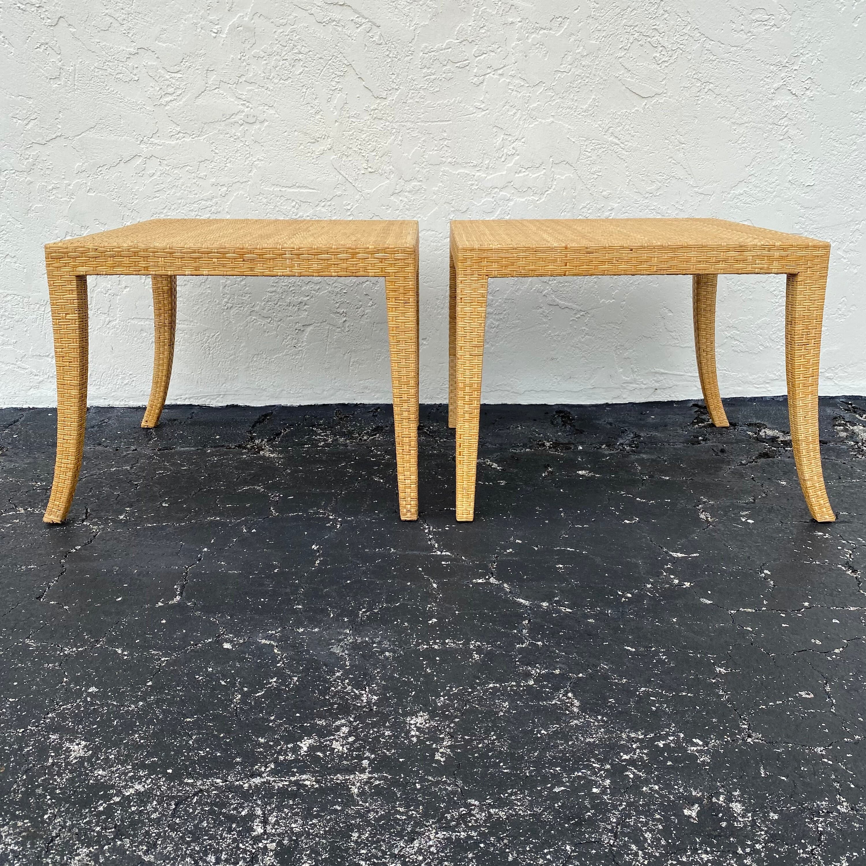 Rattan End Tables Pair - Set of 2 Vintage Natural Woven Wicker Side Table - Coastal Boho Chic Hollywood Regency MCM Furniture - Thumbnail 5