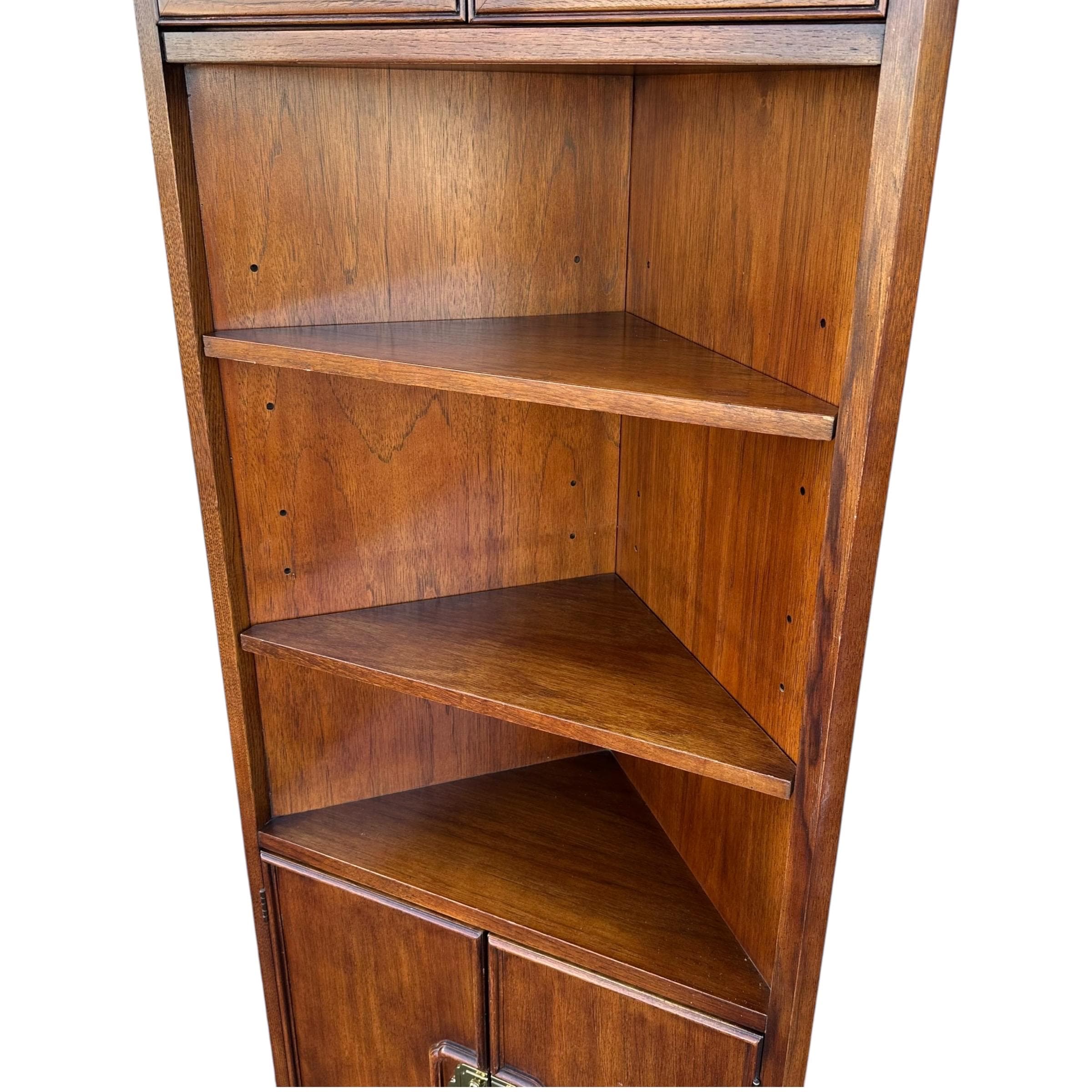 Lighted Corner Cabinet 79” Tall by Thomasville Mystique - Vintage Wood, Mirror Glass & Brass Display Case - Chinoiserie Asian Style Shelf - Thumbnail 11