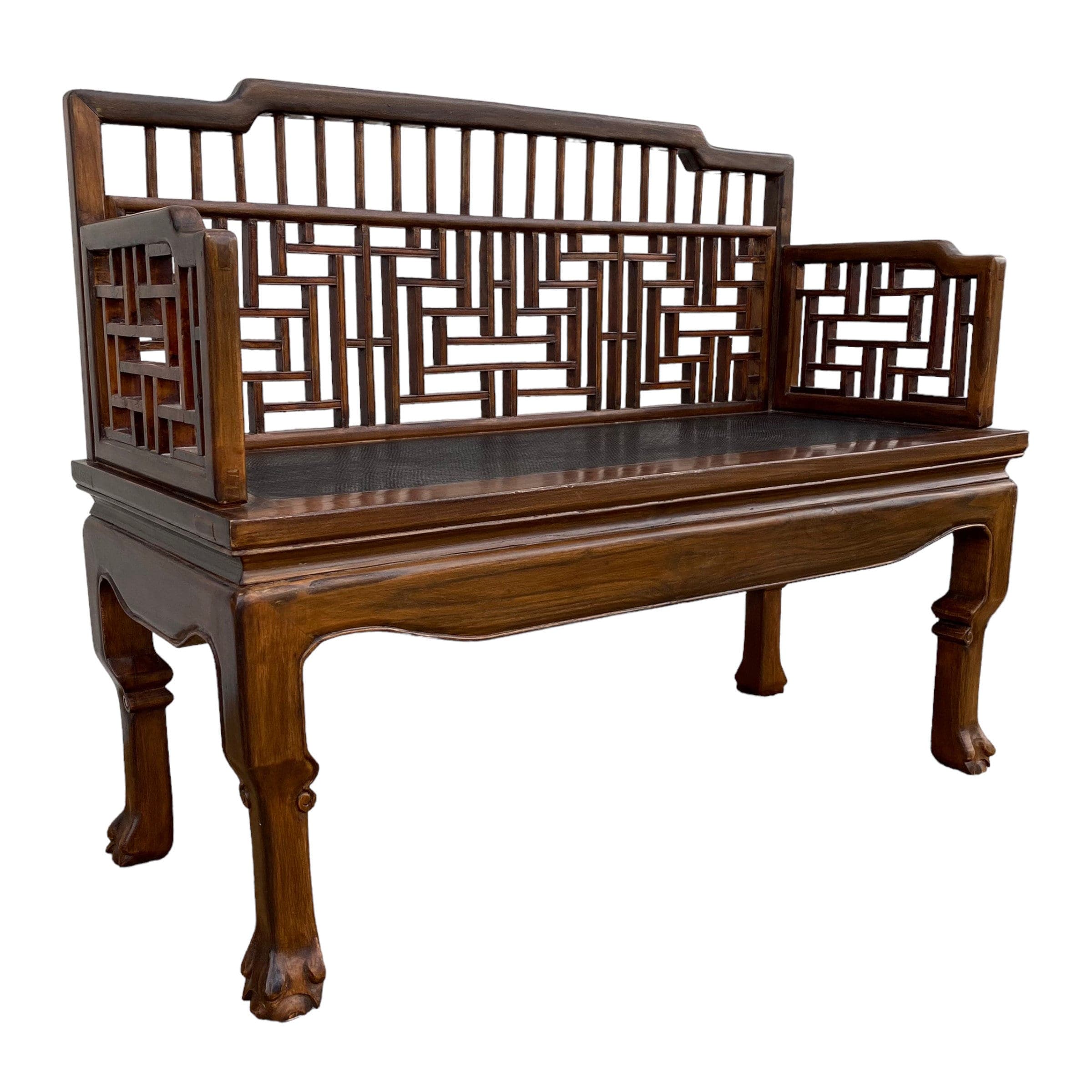 Asian Fretwork Bench 43" - Vintage Chinese Chippendale Carved Wood Oriental Settee Chair Chinoiserie Furniture - Image 1
