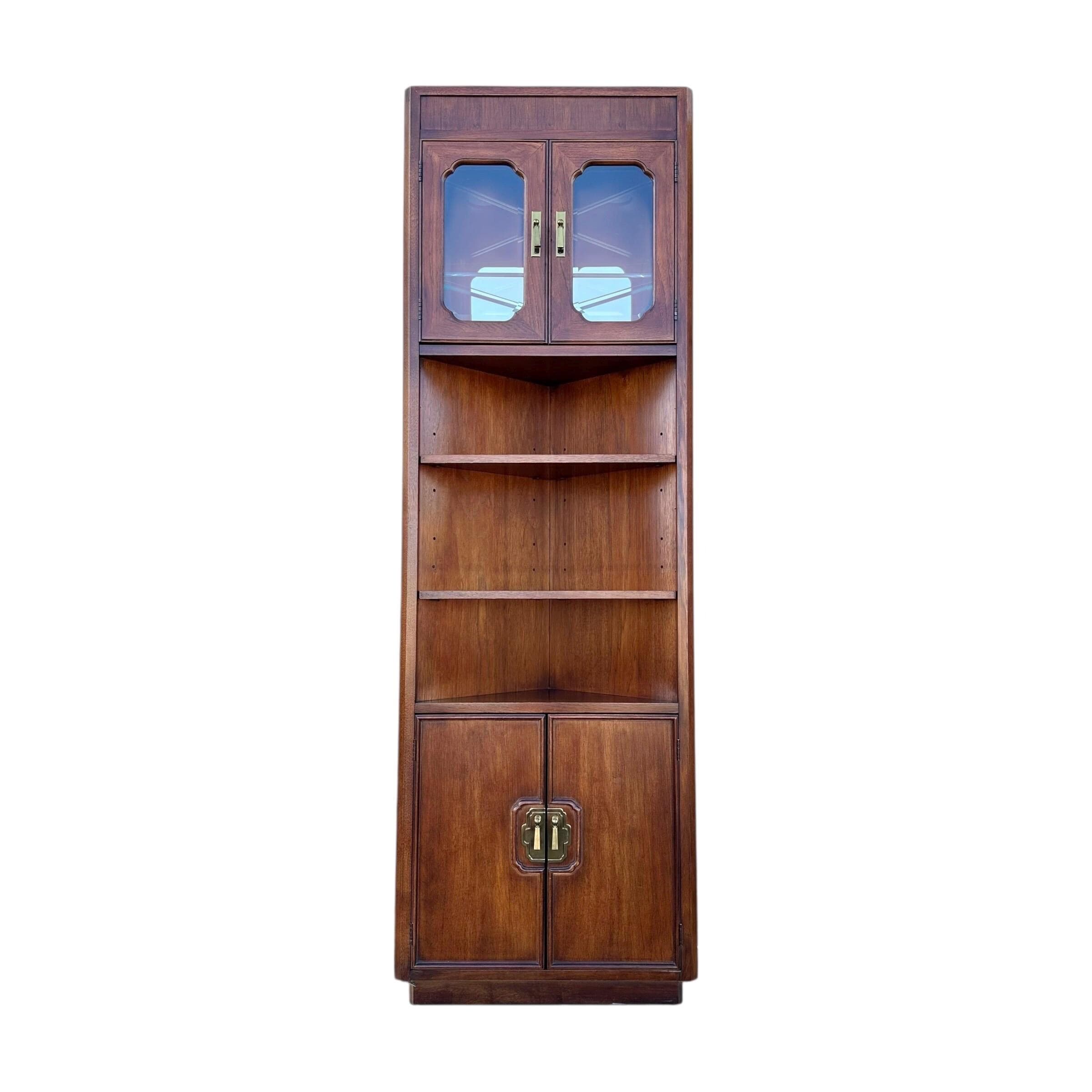 Lighted Corner Cabinet 79” Tall by Thomasville Mystique - Vintage Wood, Mirror Glass & Brass Display Case - Chinoiserie Asian Style Shelf - Thumbnail 20