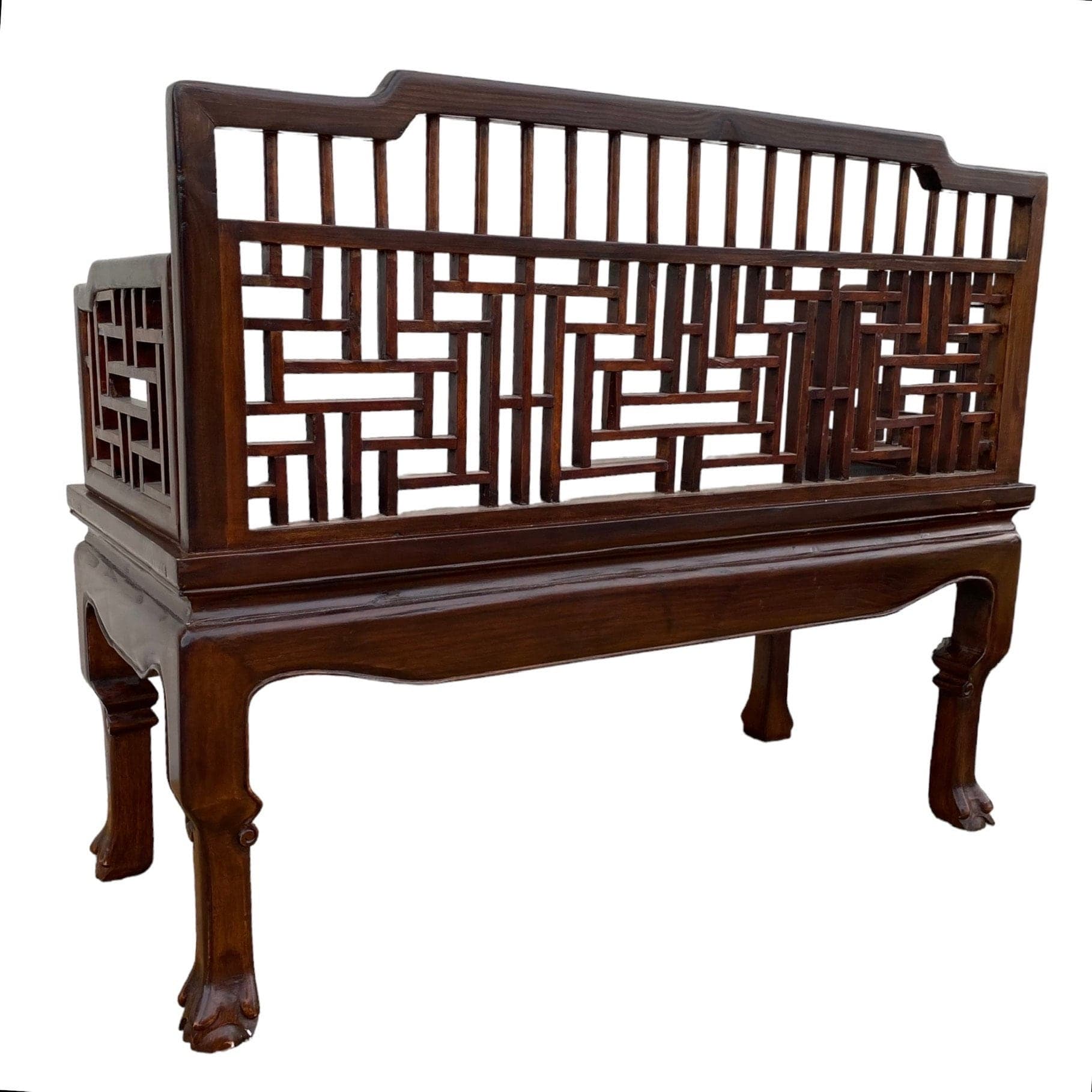 Asian Fretwork Bench 43" - Vintage Chinese Chippendale Carved Wood Oriental Settee Chair Chinoiserie Furniture - Thumbnail 8