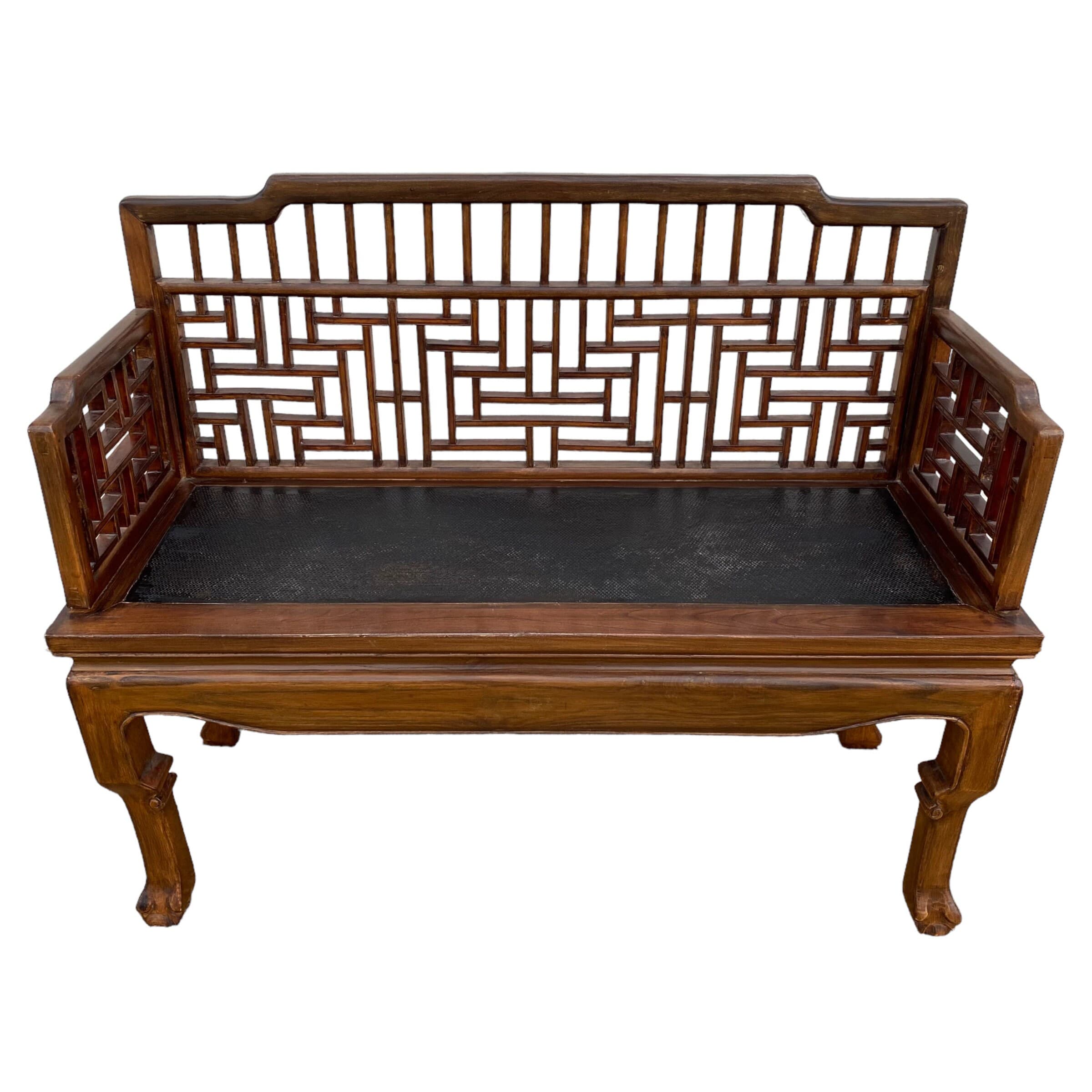 Asian Fretwork Bench 43" - Vintage Chinese Chippendale Carved Wood Oriental Settee Chair Chinoiserie Furniture - Thumbnail 2