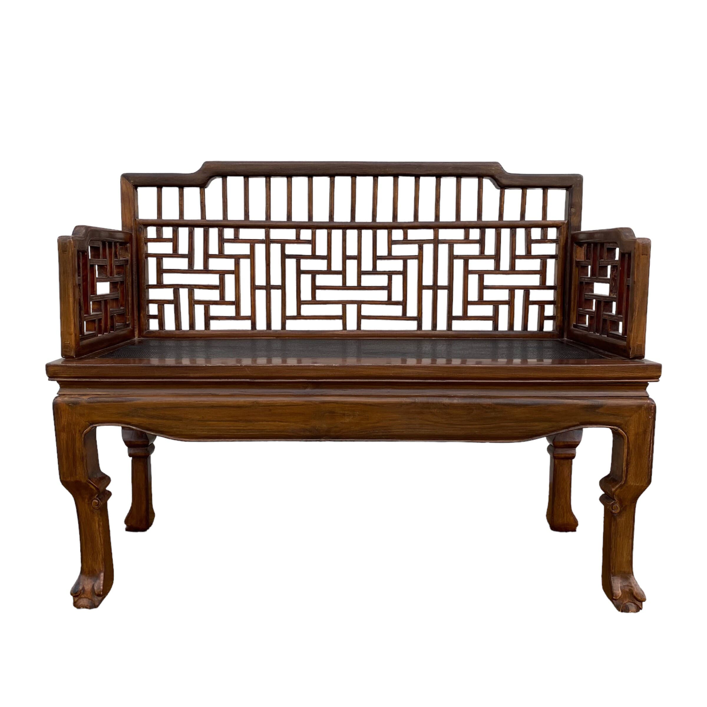 Asian Fretwork Bench 43" - Vintage Chinese Chippendale Carved Wood Oriental Settee Chair Chinoiserie Furniture - Thumbnail 10