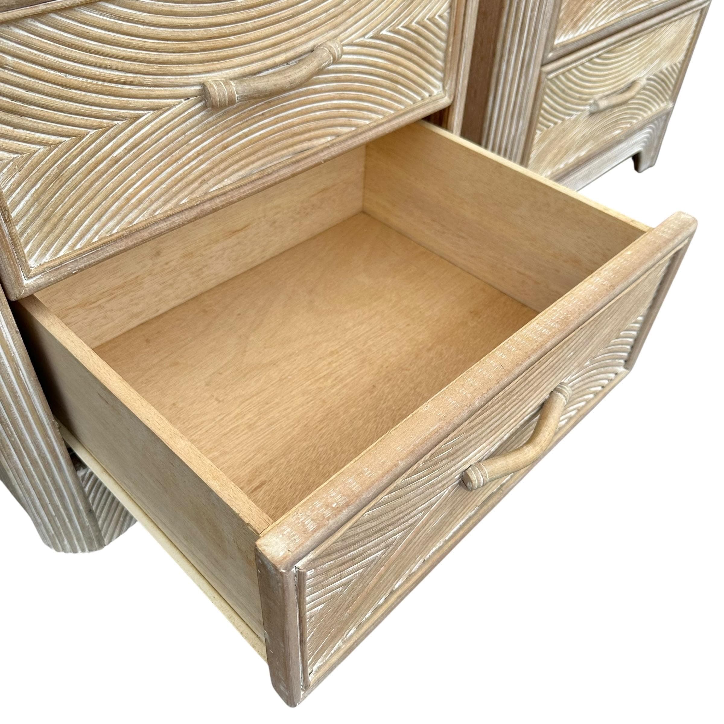 Set of 2 Pencil Reed Nightstands FREE SHIPPING - Vintage Split Rattan White Wash Wood Waterfall Hollywood Regency Coastal Tables Pair - Thumbnail 5