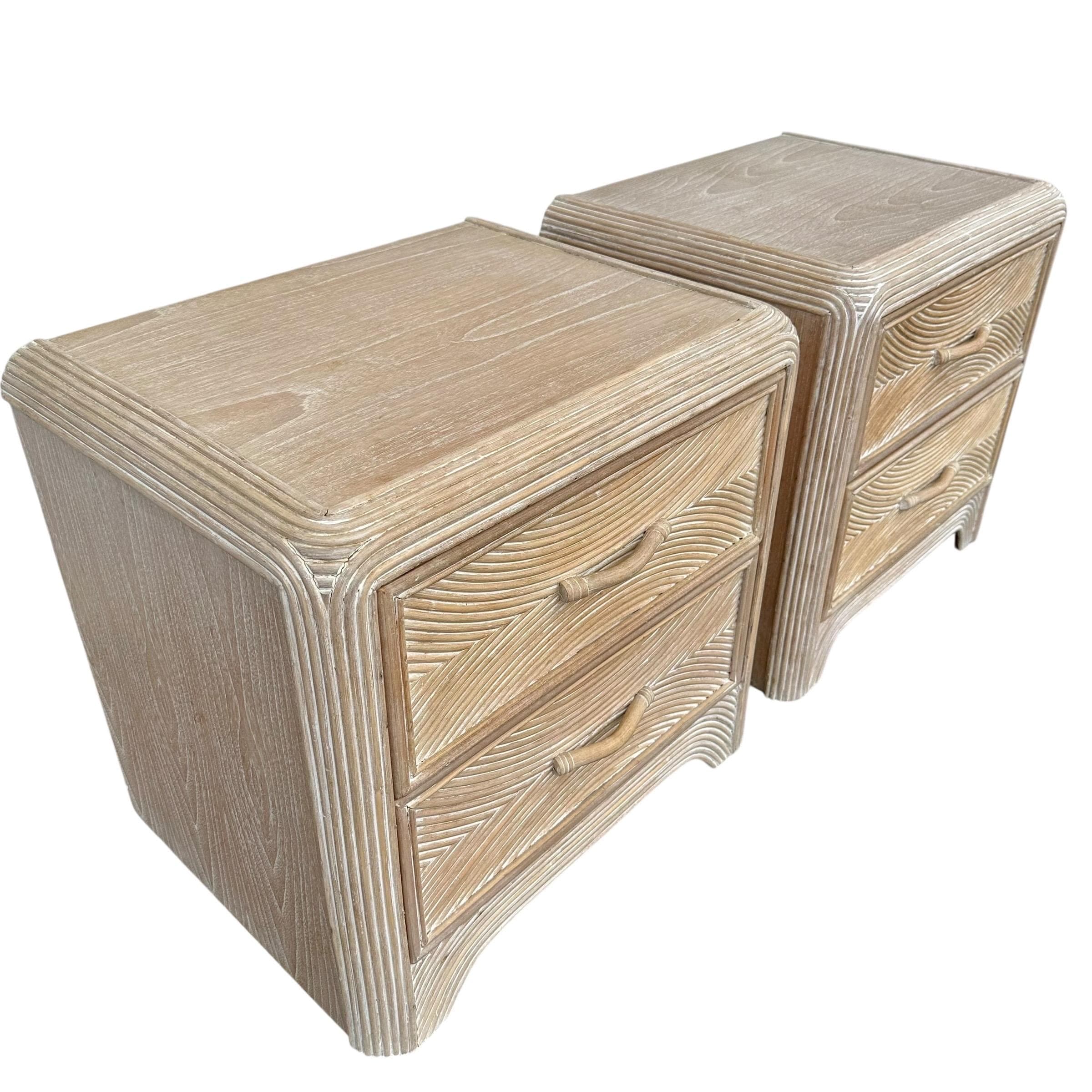 Set of 2 Pencil Reed Nightstands FREE SHIPPING - Vintage Split Rattan White Wash Wood Waterfall Hollywood Regency Coastal Tables Pair - Thumbnail 2