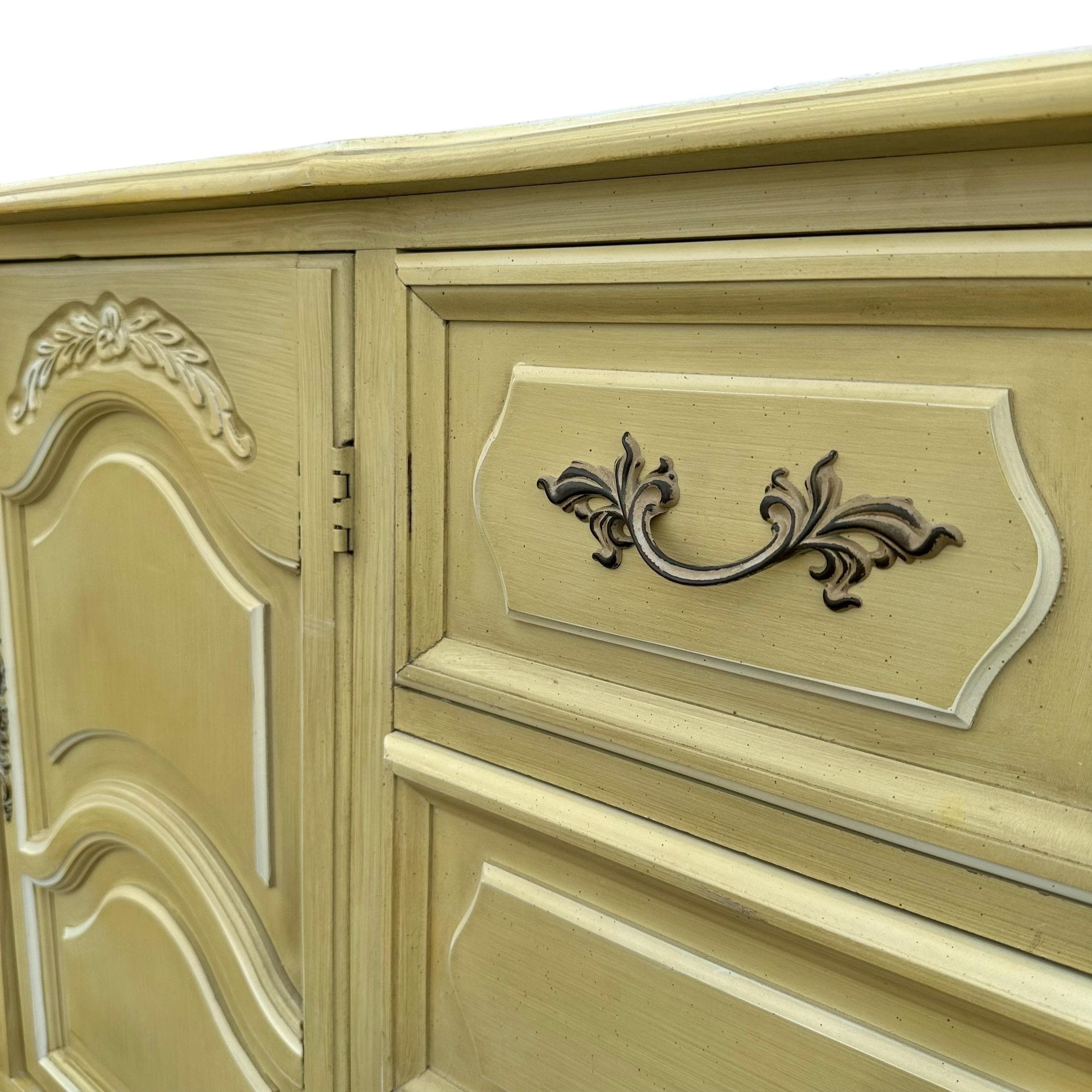 Henry Link French Provincial Dresser 69” Long - 1970s Vintage Golden Green & White Credenza with 9 Drawers Romantic Cottage Shabby Chic - Thumbnail 2