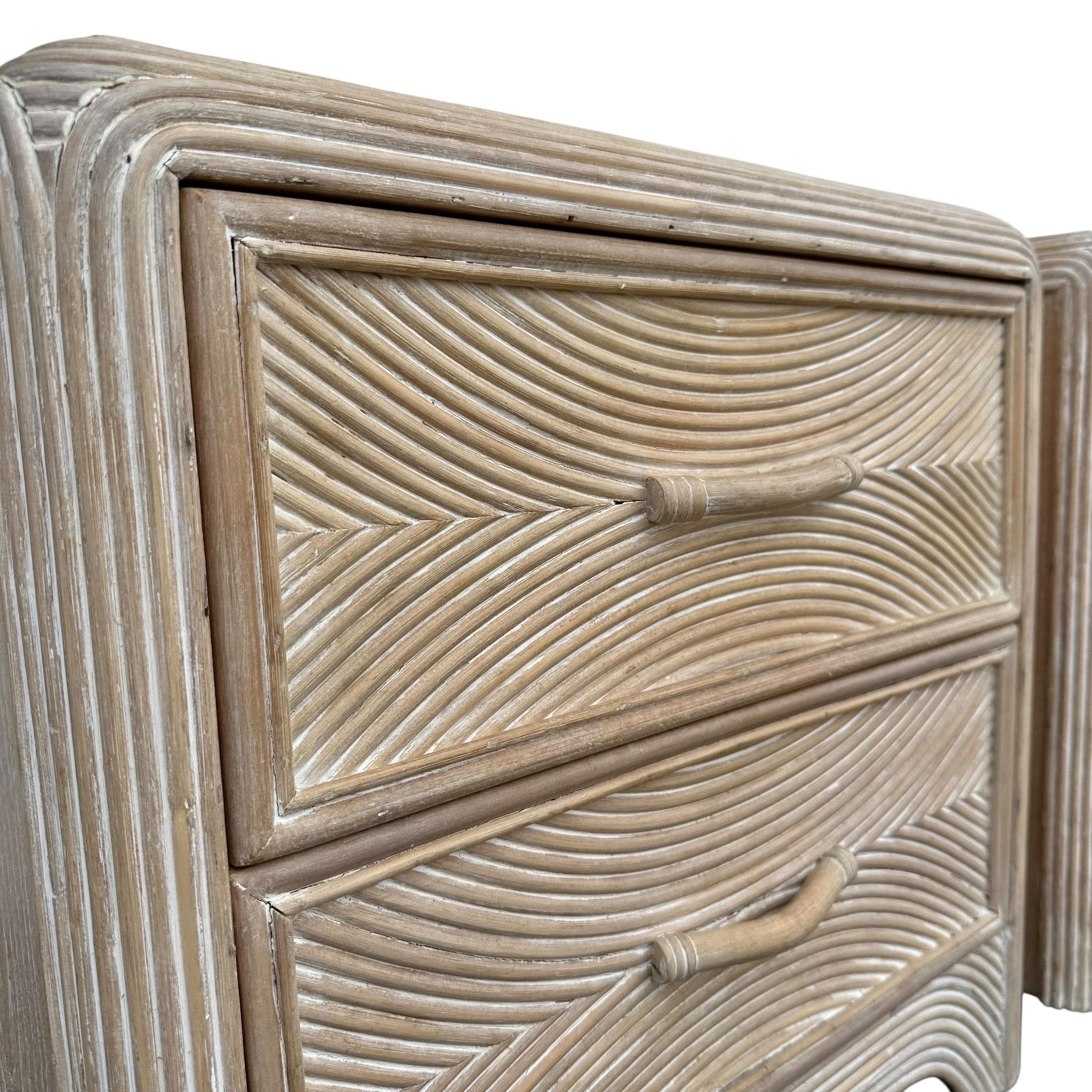 Set of 2 Pencil Reed Nightstands FREE SHIPPING - Vintage Split Rattan White Wash Wood Waterfall Hollywood Regency Coastal Tables Pair - Thumbnail 3