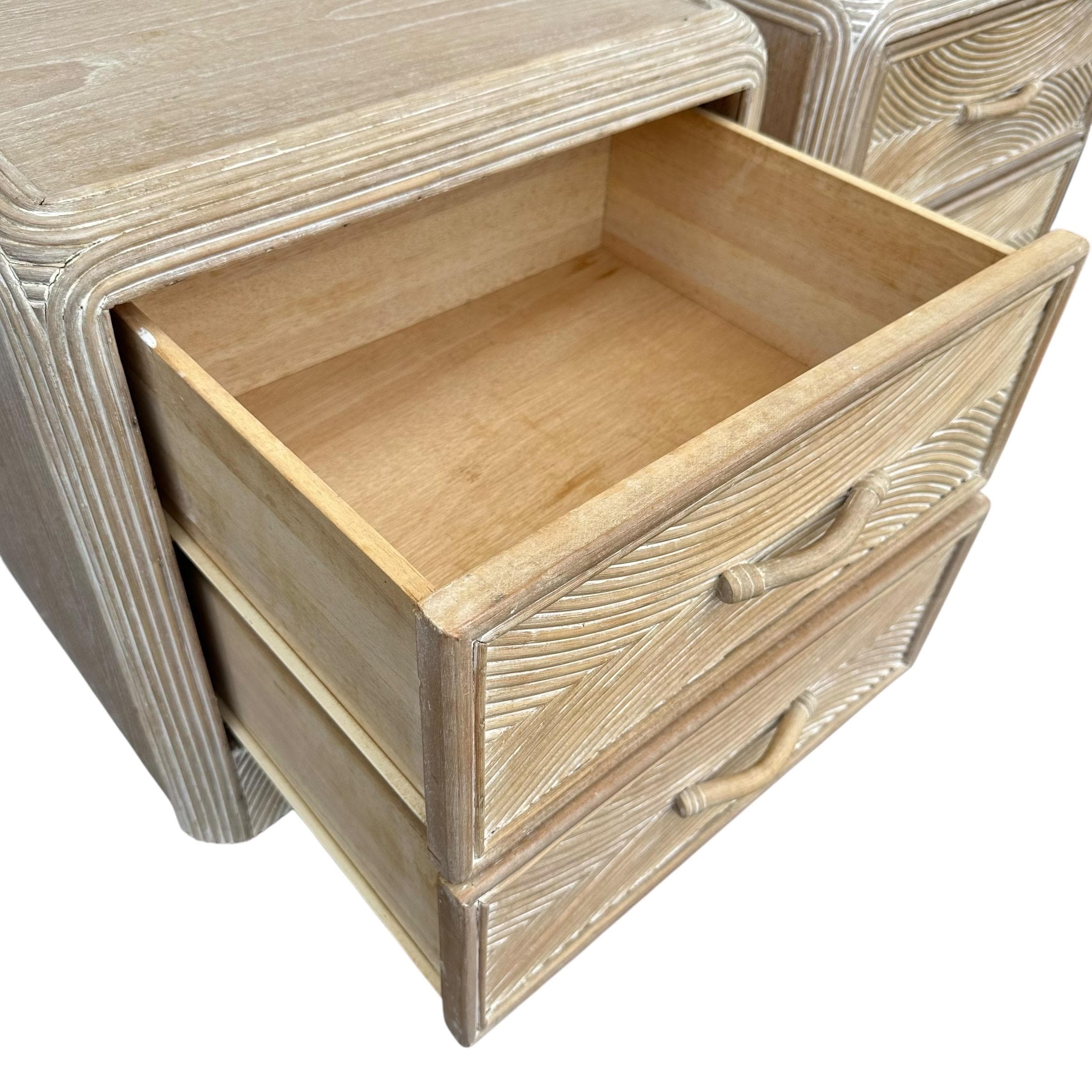 Set of 2 Pencil Reed Nightstands FREE SHIPPING - Vintage Split Rattan White Wash Wood Waterfall Hollywood Regency Coastal Tables Pair - Thumbnail 4