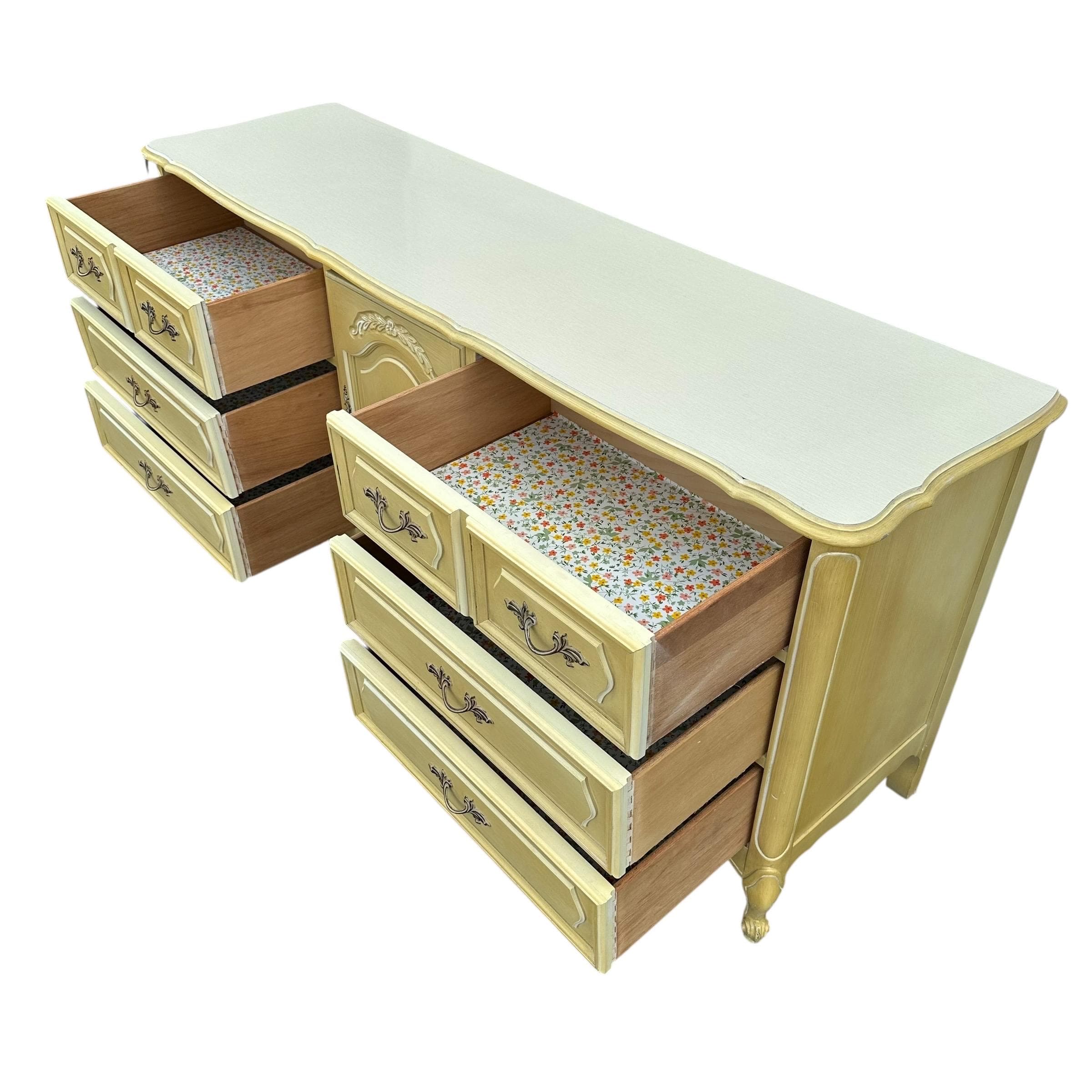 Henry Link French Provincial Dresser 69” Long - 1970s Vintage Golden Green & White Credenza with 9 Drawers Romantic Cottage Shabby Chic - Thumbnail 3