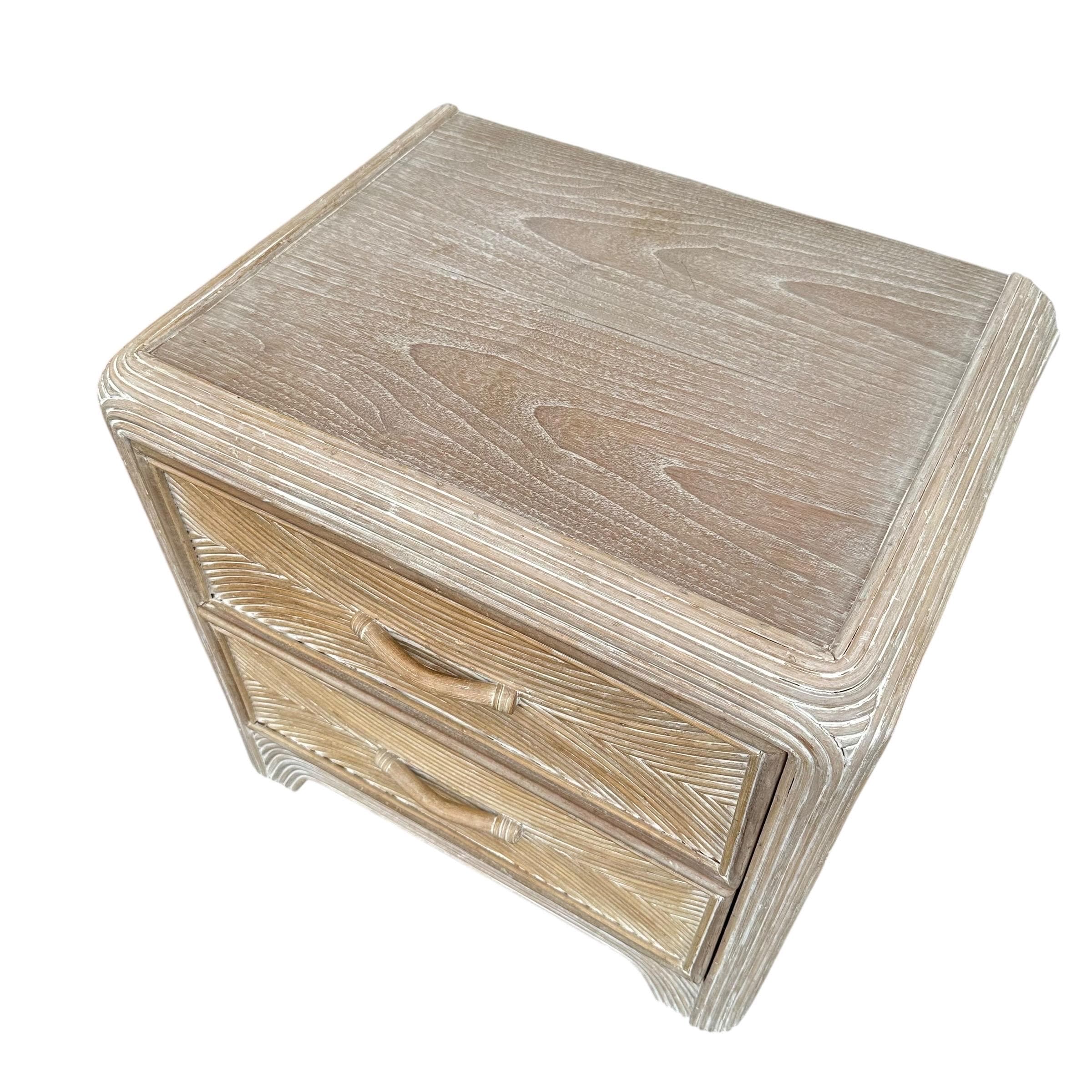 Set of 2 Pencil Reed Nightstands FREE SHIPPING - Vintage Split Rattan White Wash Wood Waterfall Hollywood Regency Coastal Tables Pair - Thumbnail 7