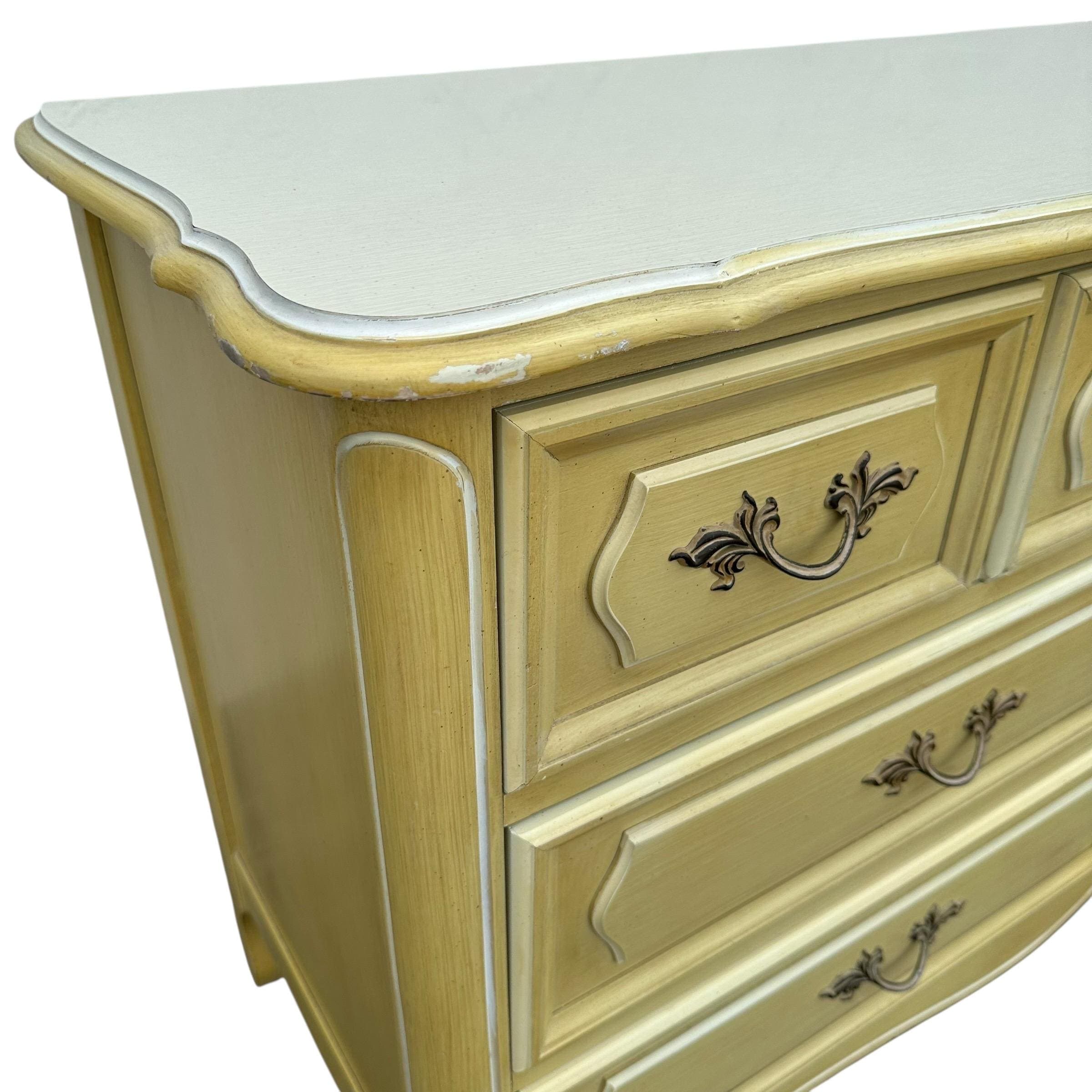 Henry Link French Provincial Dresser 69” Long - 1970s Vintage Golden Green & White Credenza with 9 Drawers Romantic Cottage Shabby Chic - Thumbnail 8