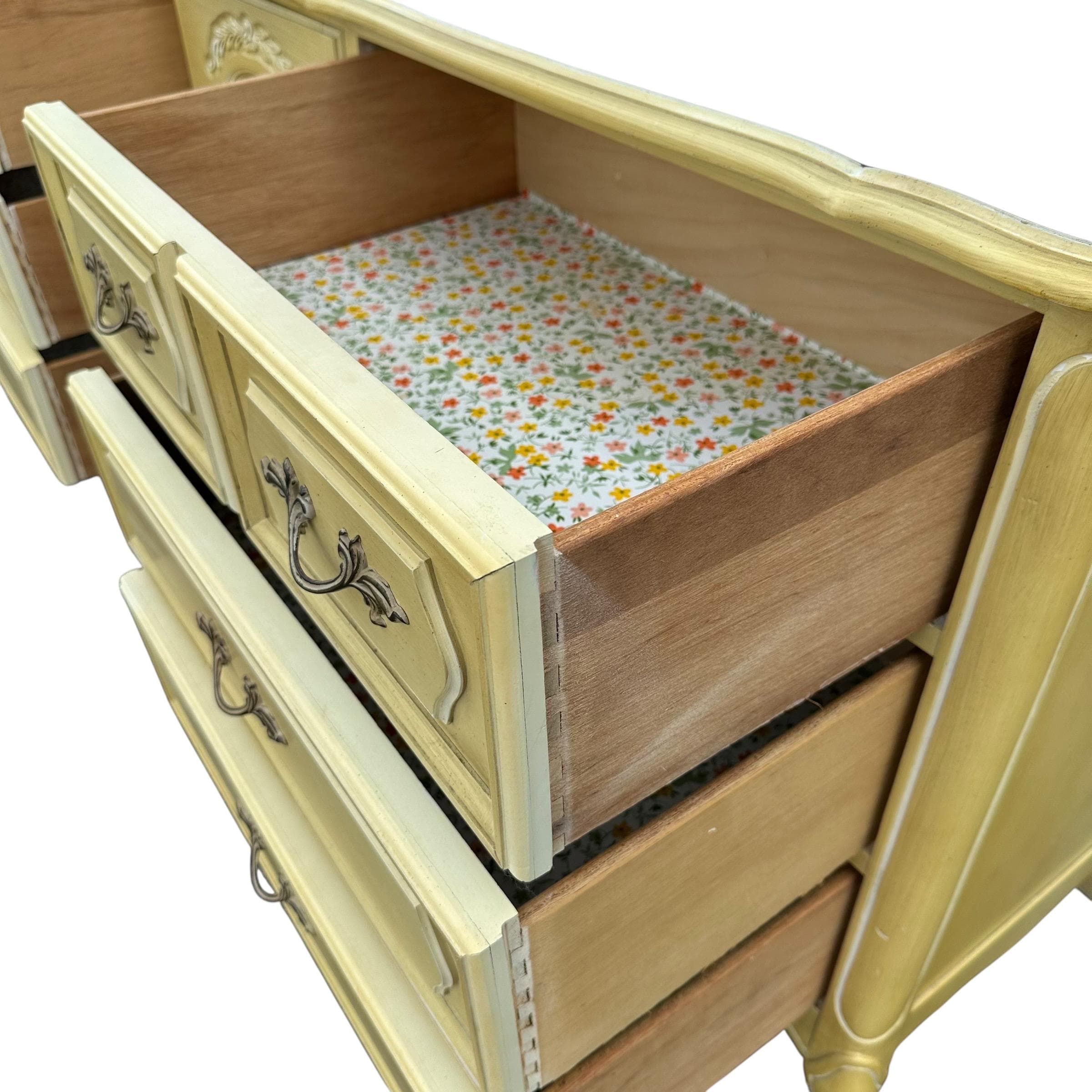 Henry Link French Provincial Dresser 69” Long - 1970s Vintage Golden Green & White Credenza with 9 Drawers Romantic Cottage Shabby Chic - Thumbnail 4