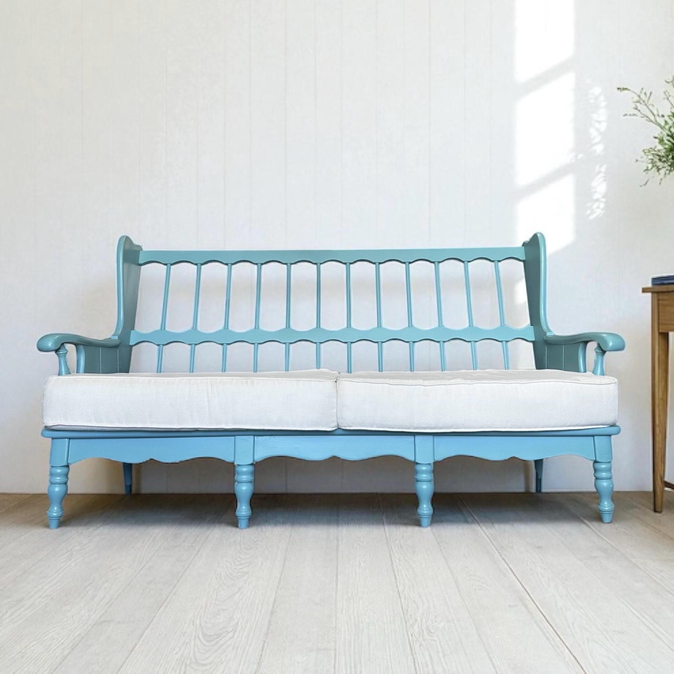 Vintage Turquoise Blue Settee 69” Long - 3 Seat Spindle Back Bench with Cushions - Aqua Cottage Farmhouse Sofa - Image 1