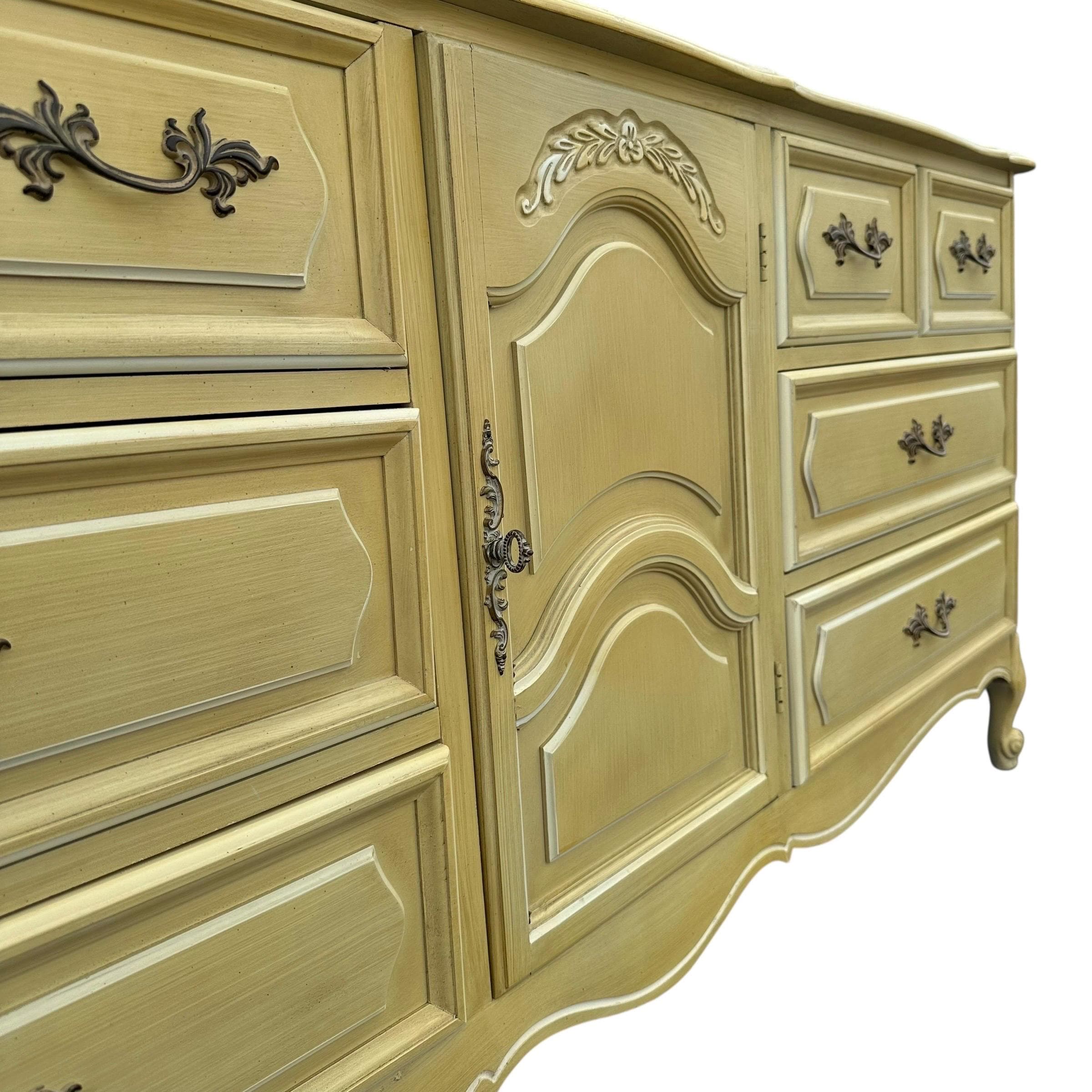 Henry Link French Provincial Dresser 69” Long - 1970s Vintage Golden Green & White Credenza with 9 Drawers Romantic Cottage Shabby Chic - Thumbnail 6