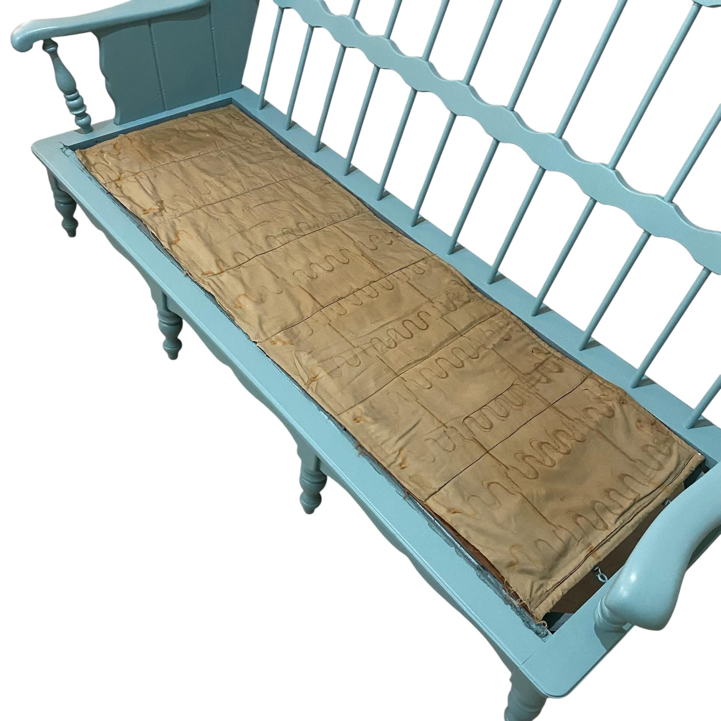 Vintage Turquoise Blue Settee 69” Long - 3 Seat Spindle Back Bench with Cushions - Aqua Cottage Farmhouse Sofa - Thumbnail 5
