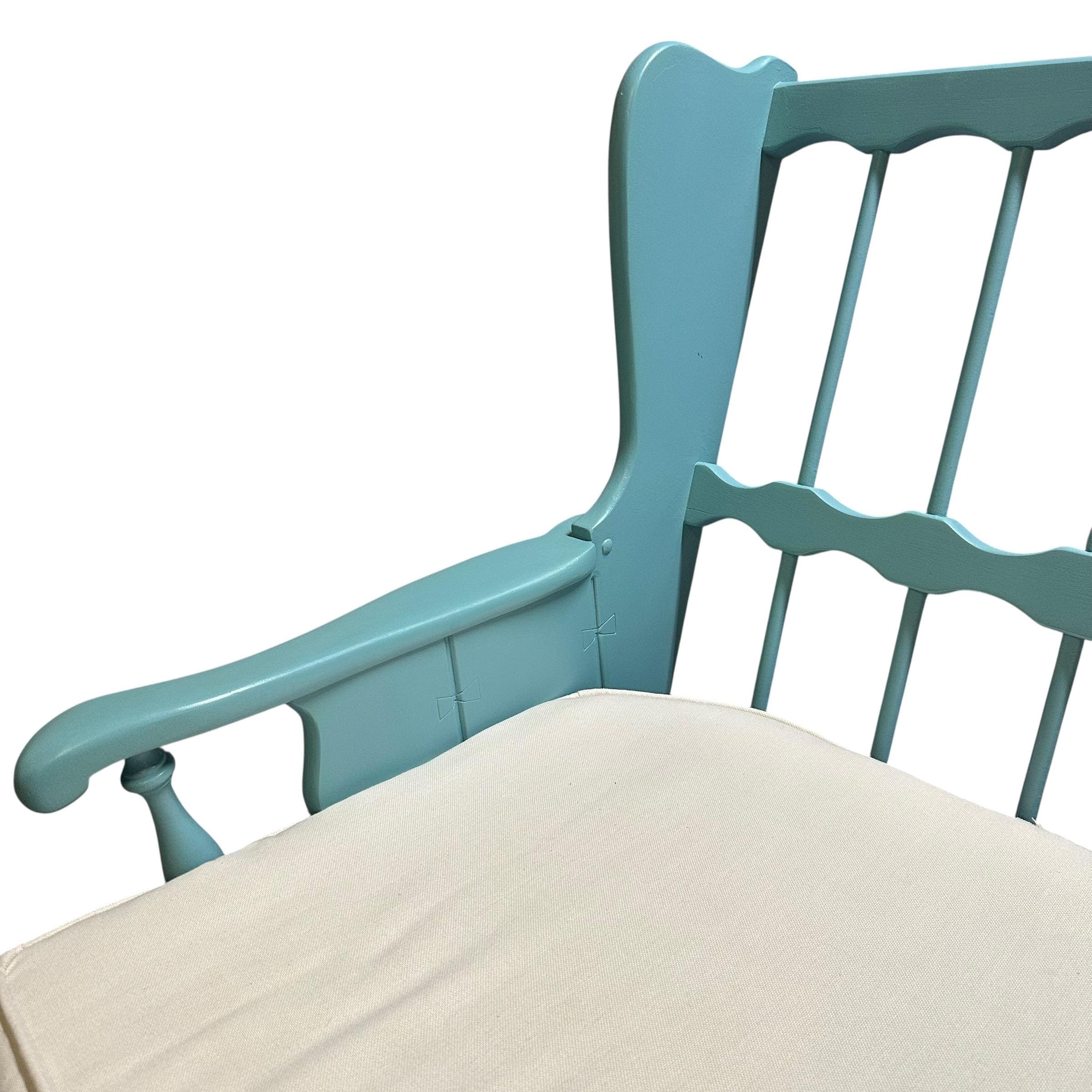 Vintage Turquoise Blue Settee 69” Long - 3 Seat Spindle Back Bench with Cushions - Aqua Cottage Farmhouse Sofa - Thumbnail 3
