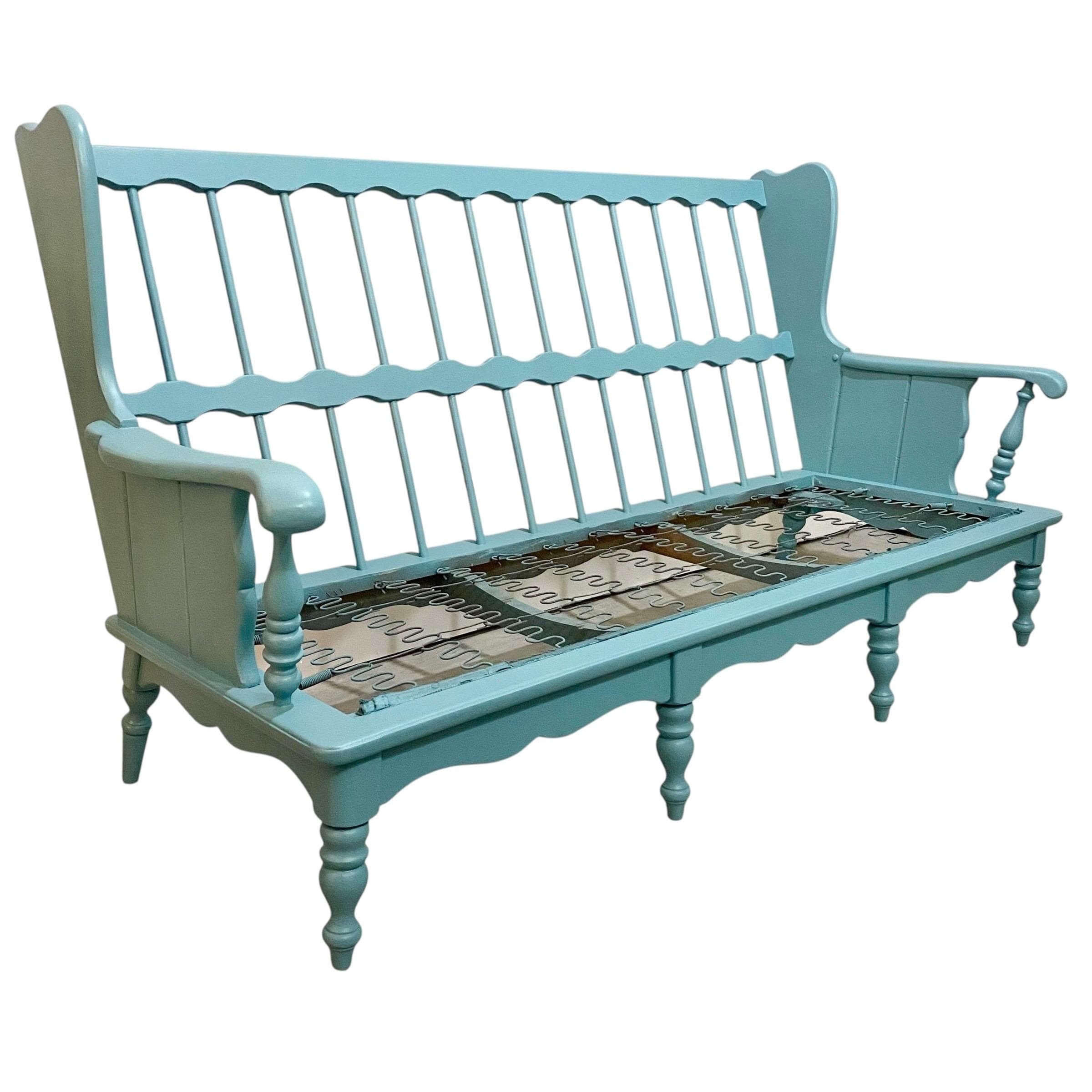 Vintage Turquoise Blue Settee 69” Long - 3 Seat Spindle Back Bench with Cushions - Aqua Cottage Farmhouse Sofa - Thumbnail 6