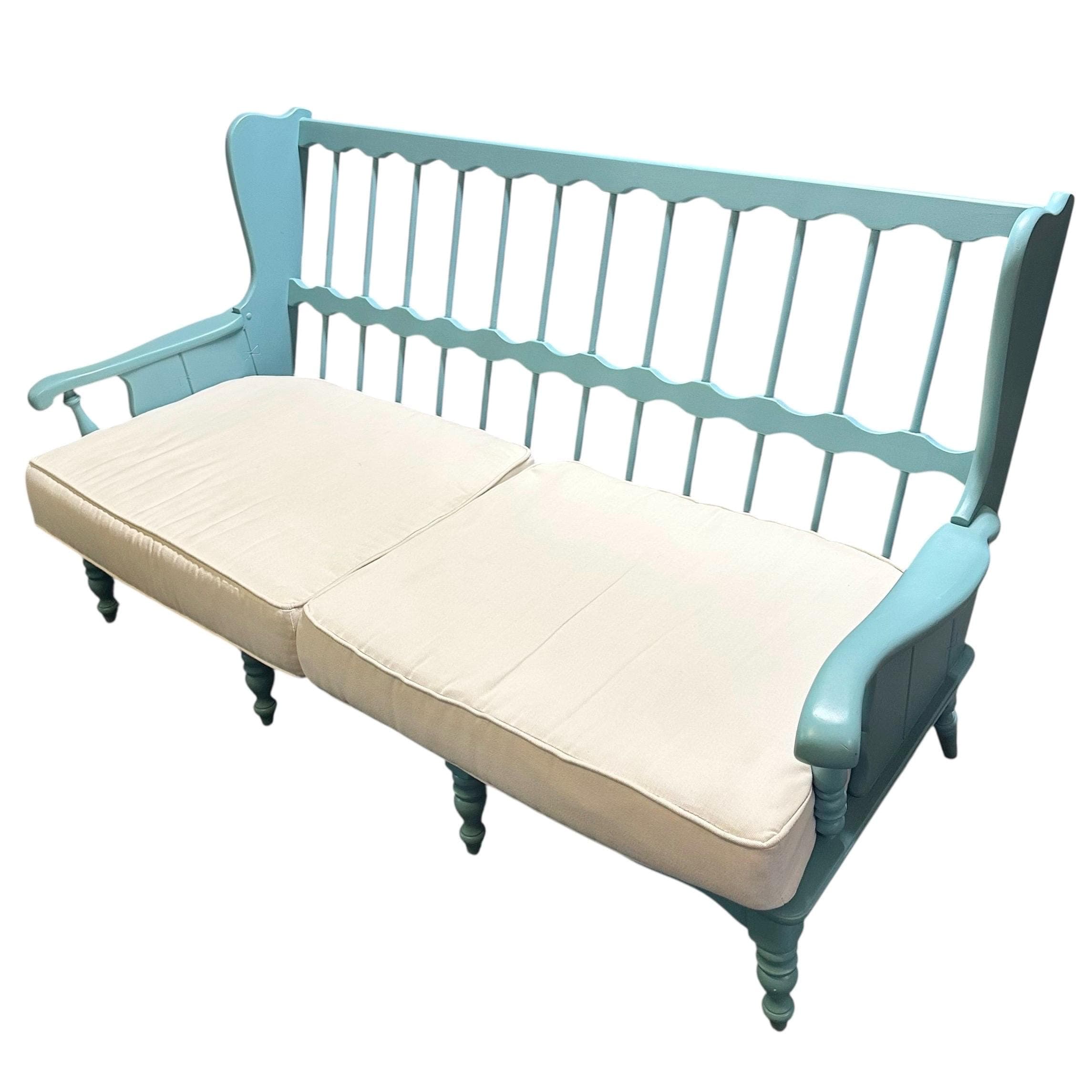 Vintage Turquoise Blue Settee 69” Long - 3 Seat Spindle Back Bench with Cushions - Aqua Cottage Farmhouse Sofa - Thumbnail 9