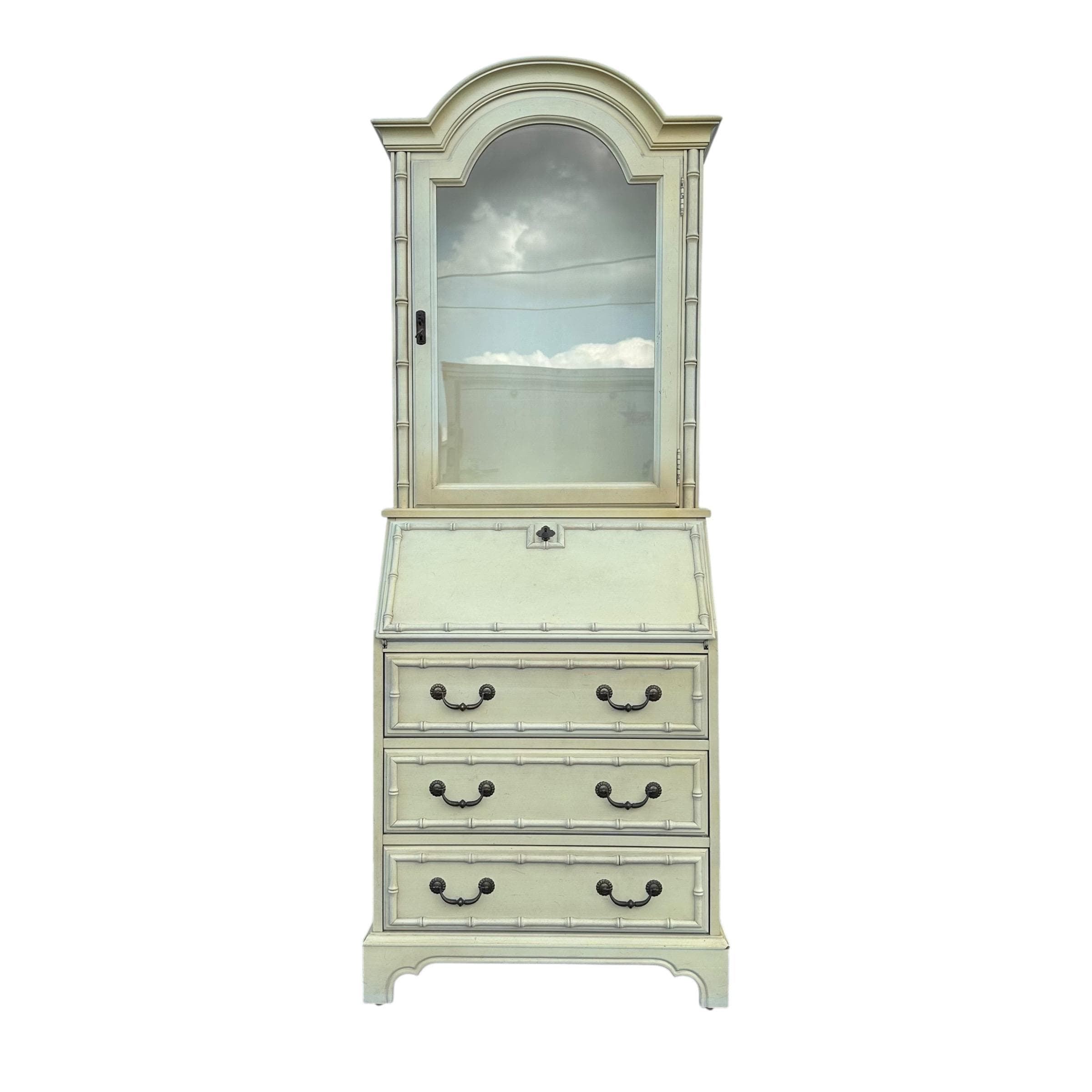 Vintage Faux Bamboo Secretary Desk with Hutch by Jasper Cabinet - Lighted Glass Bookcase, Skeleton Key, Hollywood Regency Chinoiserie Style - Image 1