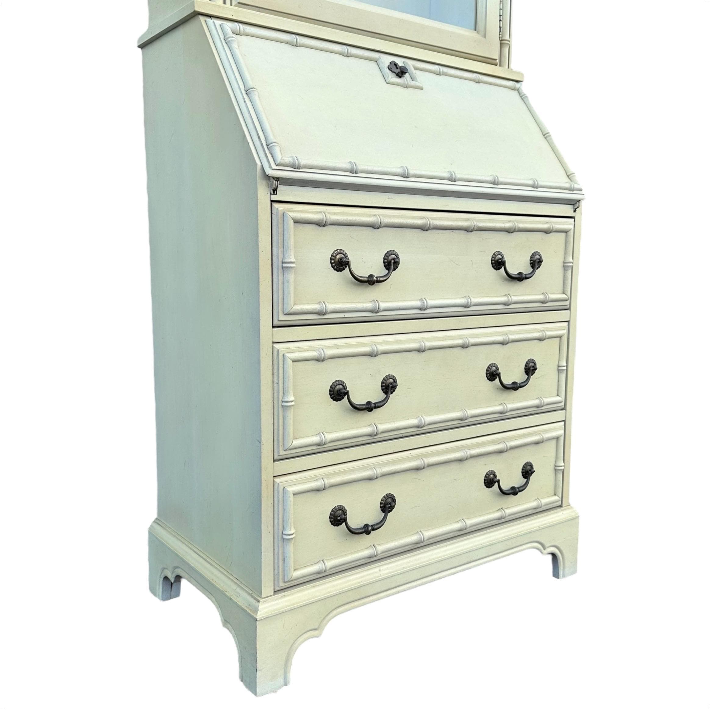 Vintage Faux Bamboo Secretary Desk with Hutch by Jasper Cabinet - Lighted Glass Bookcase, Skeleton Key, Hollywood Regency Chinoiserie Style - Thumbnail 6