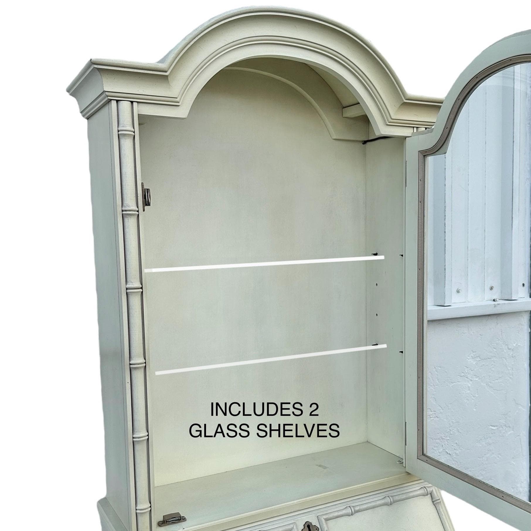 Vintage Faux Bamboo Secretary Desk with Hutch by Jasper Cabinet - Lighted Glass Bookcase, Skeleton Key, Hollywood Regency Chinoiserie Style - Thumbnail 4