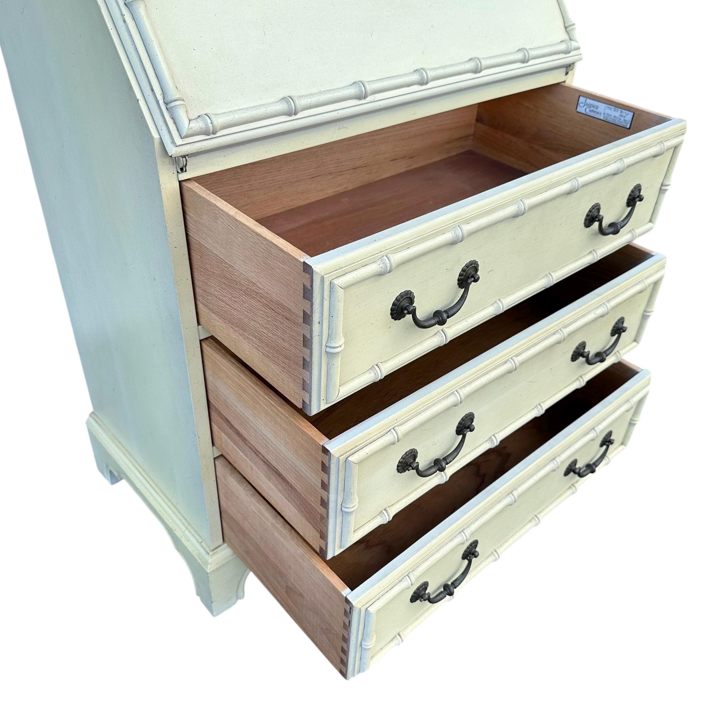 Vintage Faux Bamboo Secretary Desk with Hutch by Jasper Cabinet - Lighted Glass Bookcase, Skeleton Key, Hollywood Regency Chinoiserie Style - Thumbnail 7