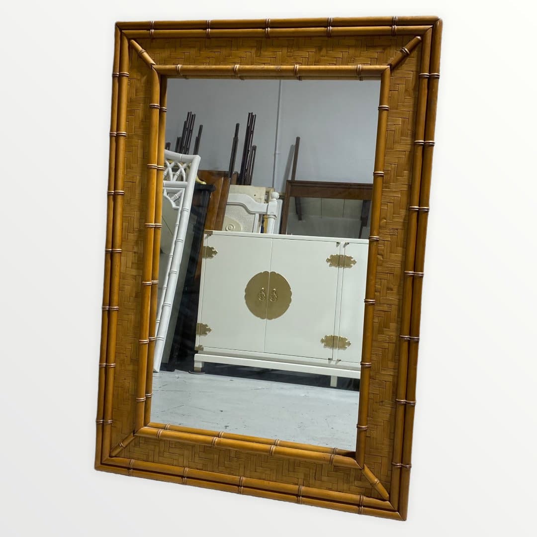 Faux Bamboo Rattan Mirror by Dixie 47x33 LOCAL PICKUP Vintage Herringbone Rectangular Natural Boho Chic Coastal Hollywood Regency - Image 1