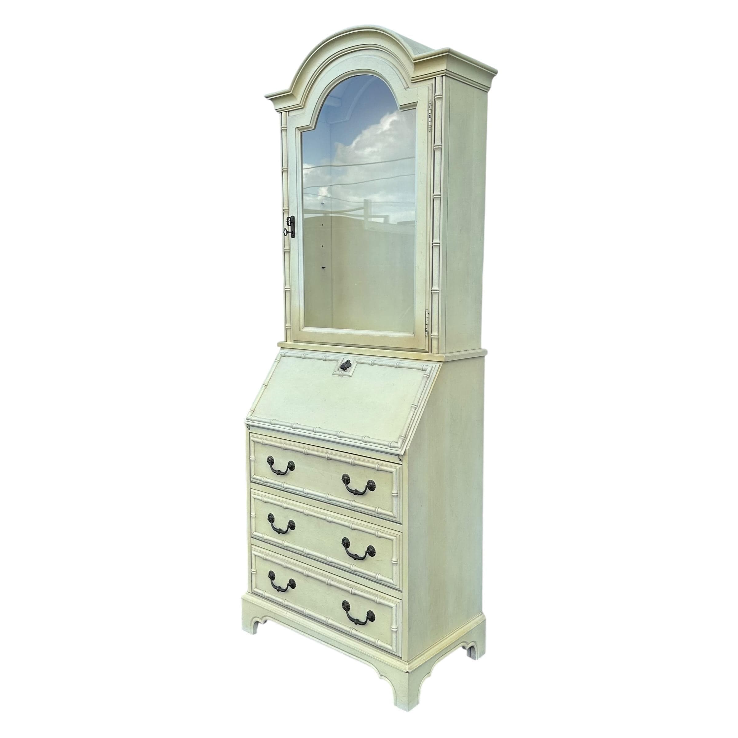 Vintage Faux Bamboo Secretary Desk with Hutch by Jasper Cabinet - Lighted Glass Bookcase, Skeleton Key, Hollywood Regency Chinoiserie Style - Thumbnail 10