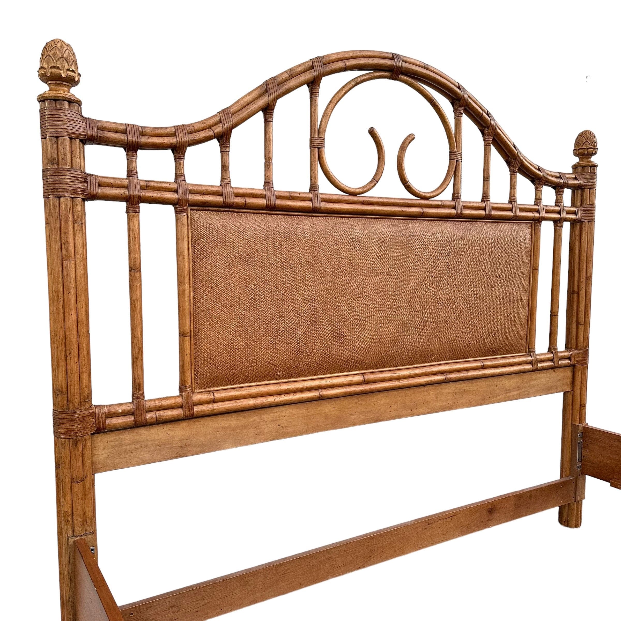 Bamboo King Bed with Rattan Post Headboard & Footboard 71" Tall - Coastal Wicker Carved Wood Artichoke Finials Tommy Bahama Style Furniture - Thumbnail 6
