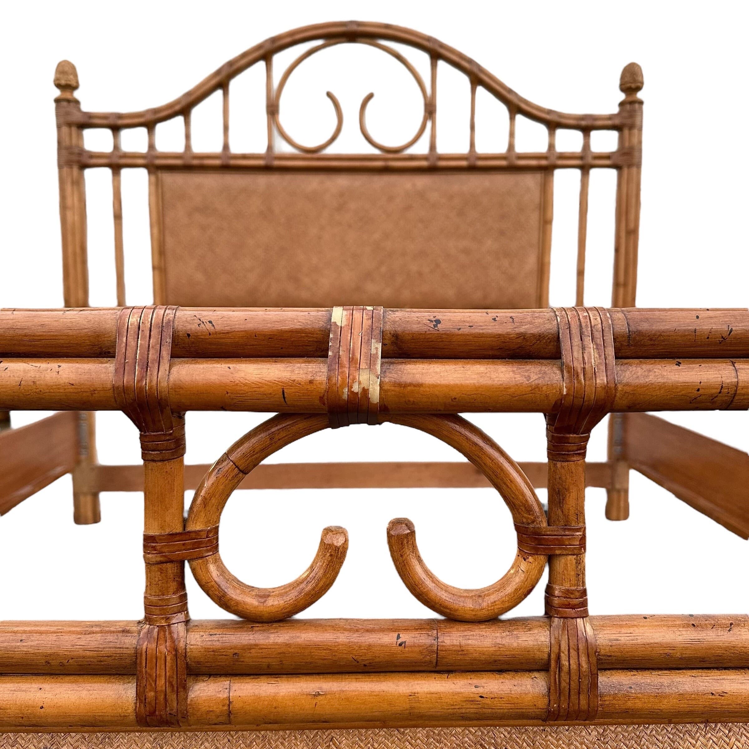 Bamboo King Bed with Rattan Post Headboard & Footboard 71" Tall - Coastal Wicker Carved Wood Artichoke Finials Tommy Bahama Style Furniture - Thumbnail 3