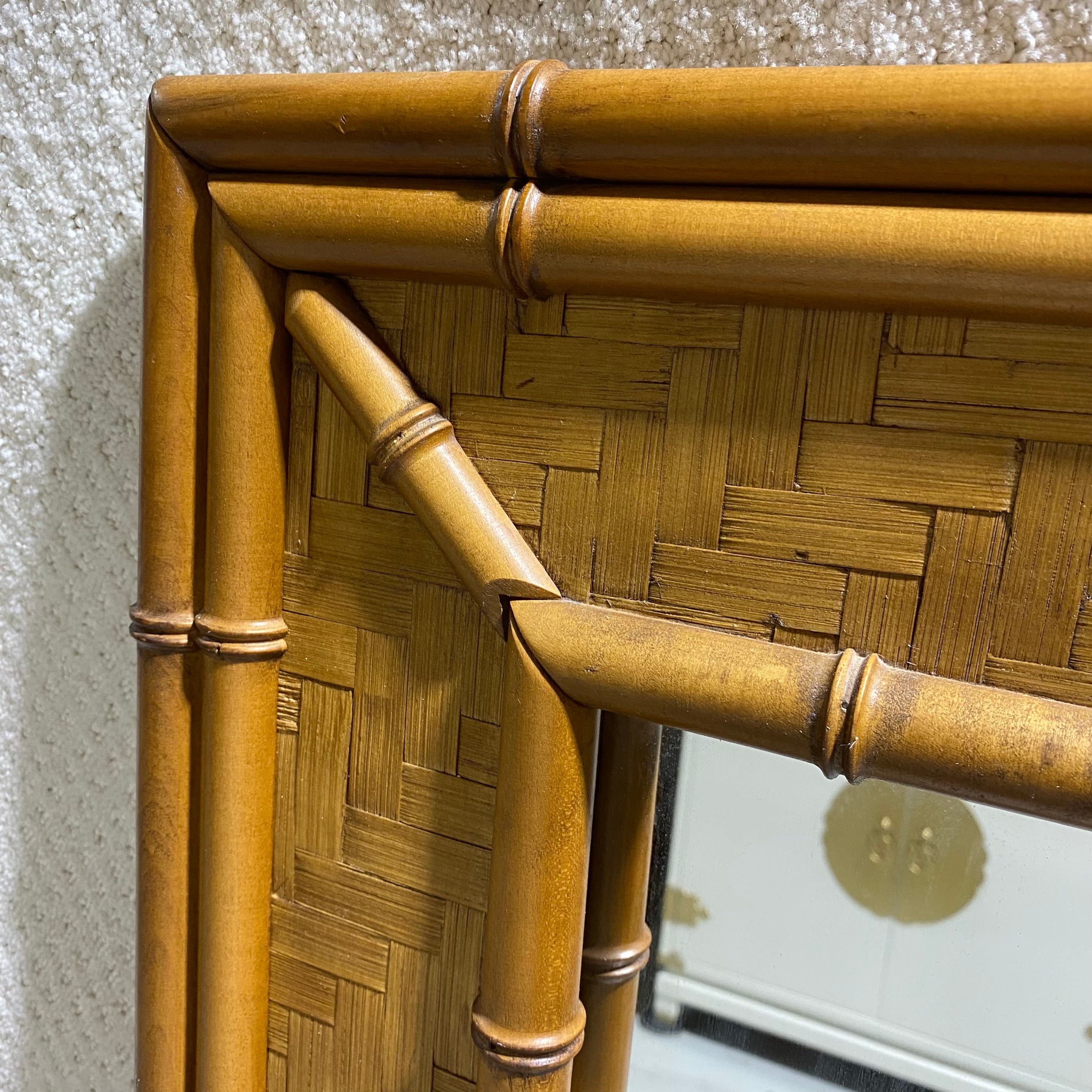 Faux Bamboo Rattan Mirror by Dixie 47x33 LOCAL PICKUP Vintage Herringbone Rectangular Natural Boho Chic Coastal Hollywood Regency - Thumbnail 3