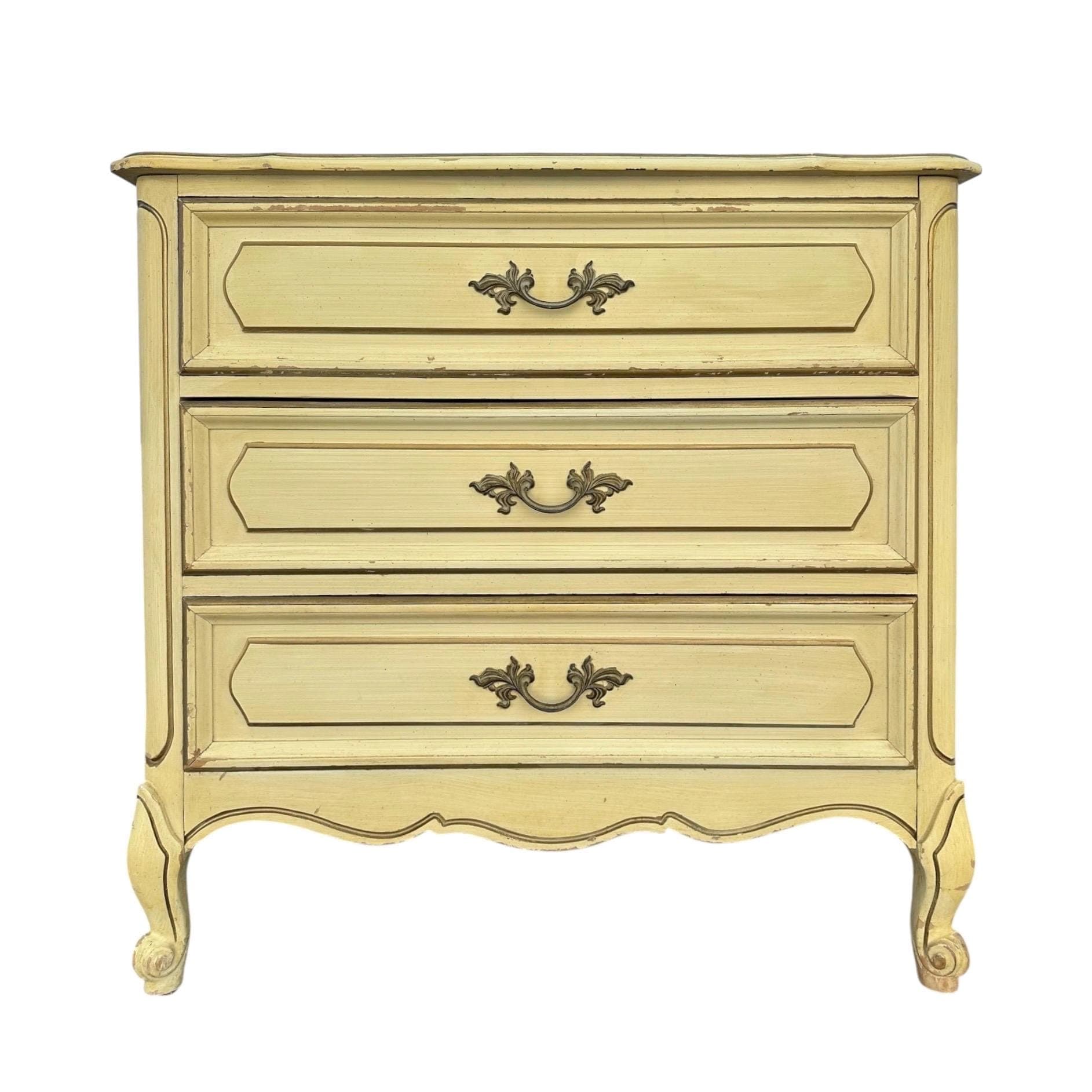 French Provincial Nightstand Chest by Henry Link with 3 Drawers 30” Tall - Vintage Cream & Gold Shabby Chic Louis XV End Table Dresser - Image 1