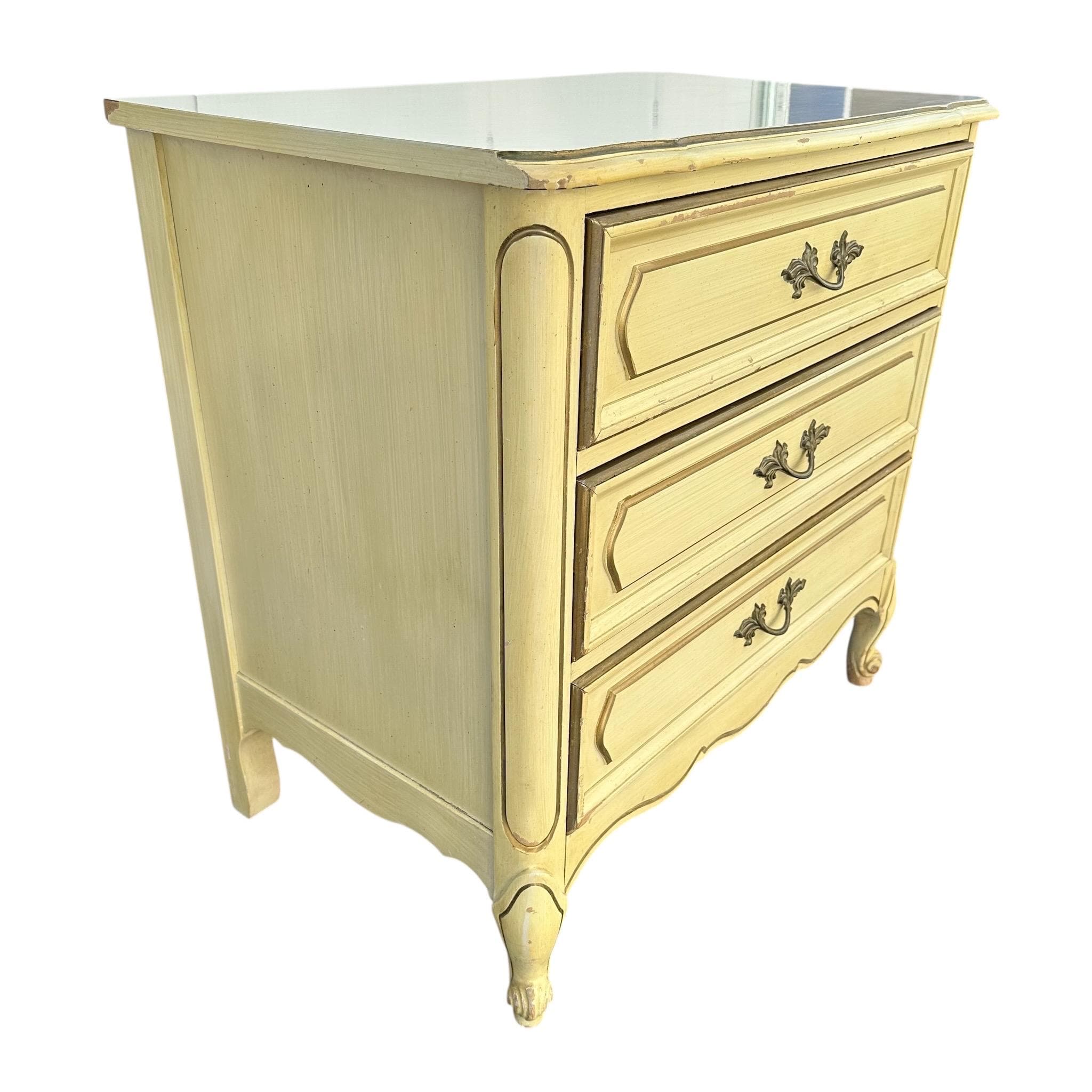 French Provincial Nightstand Chest by Henry Link with 3 Drawers 30” Tall - Vintage Cream & Gold Shabby Chic Louis XV End Table Dresser - Thumbnail 2