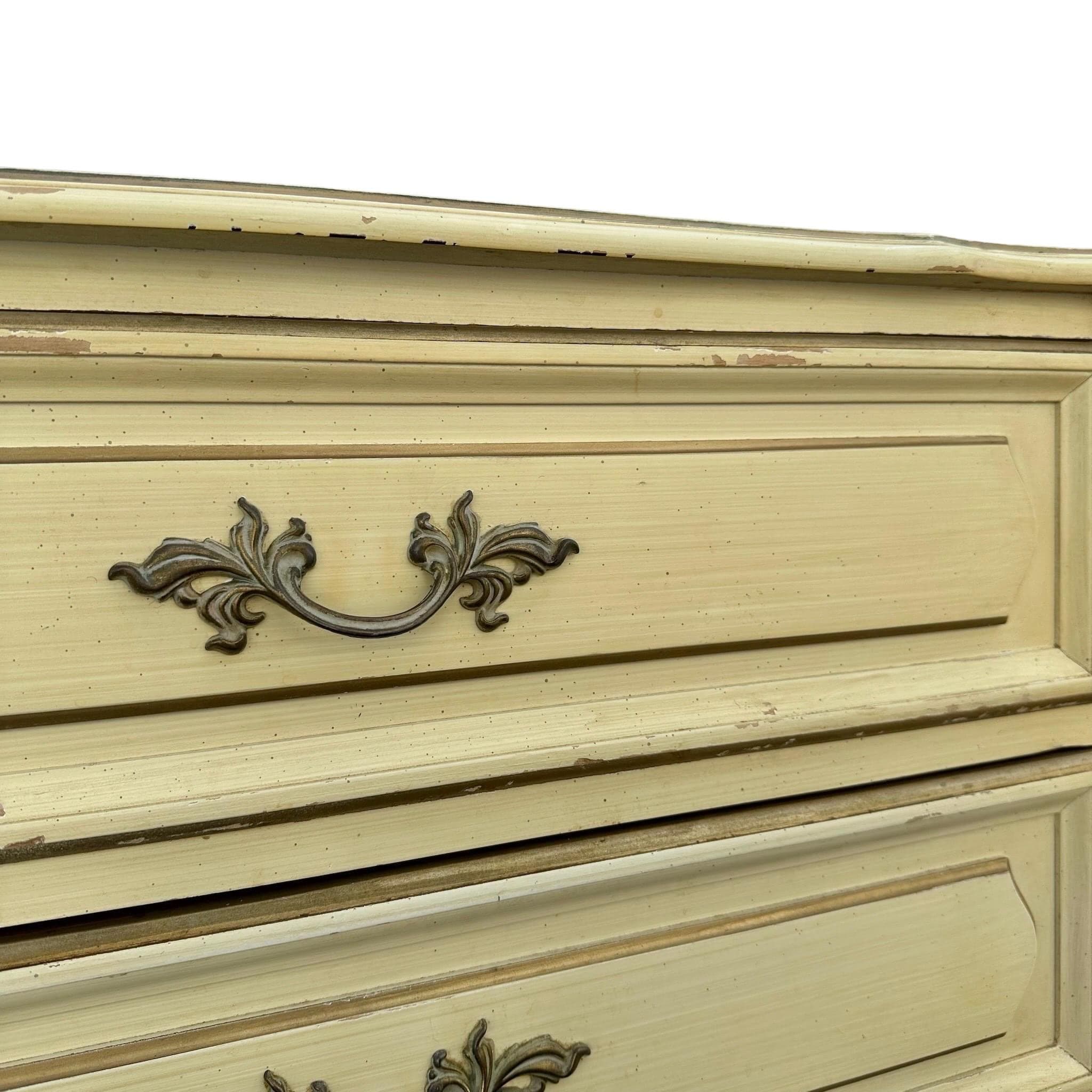 French Provincial Nightstand Chest by Henry Link with 3 Drawers 30” Tall - Vintage Cream & Gold Shabby Chic Louis XV End Table Dresser - Thumbnail 6