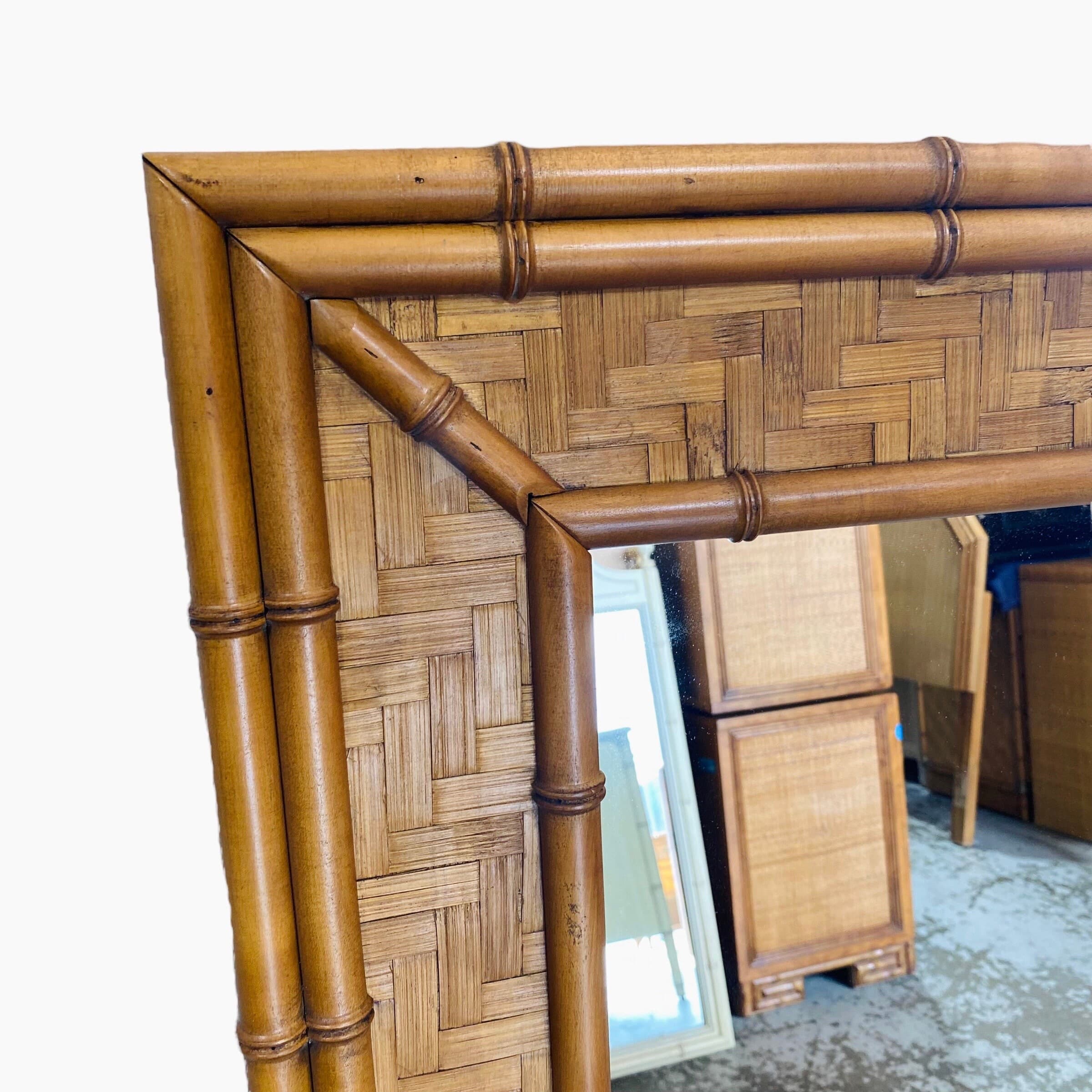 Faux Bamboo Rattan Mirror by Dixie 47x33 LOCAL PICKUP Vintage Herringbone Rectangular Natural Boho Chic Coastal Hollywood Regency - Thumbnail 7