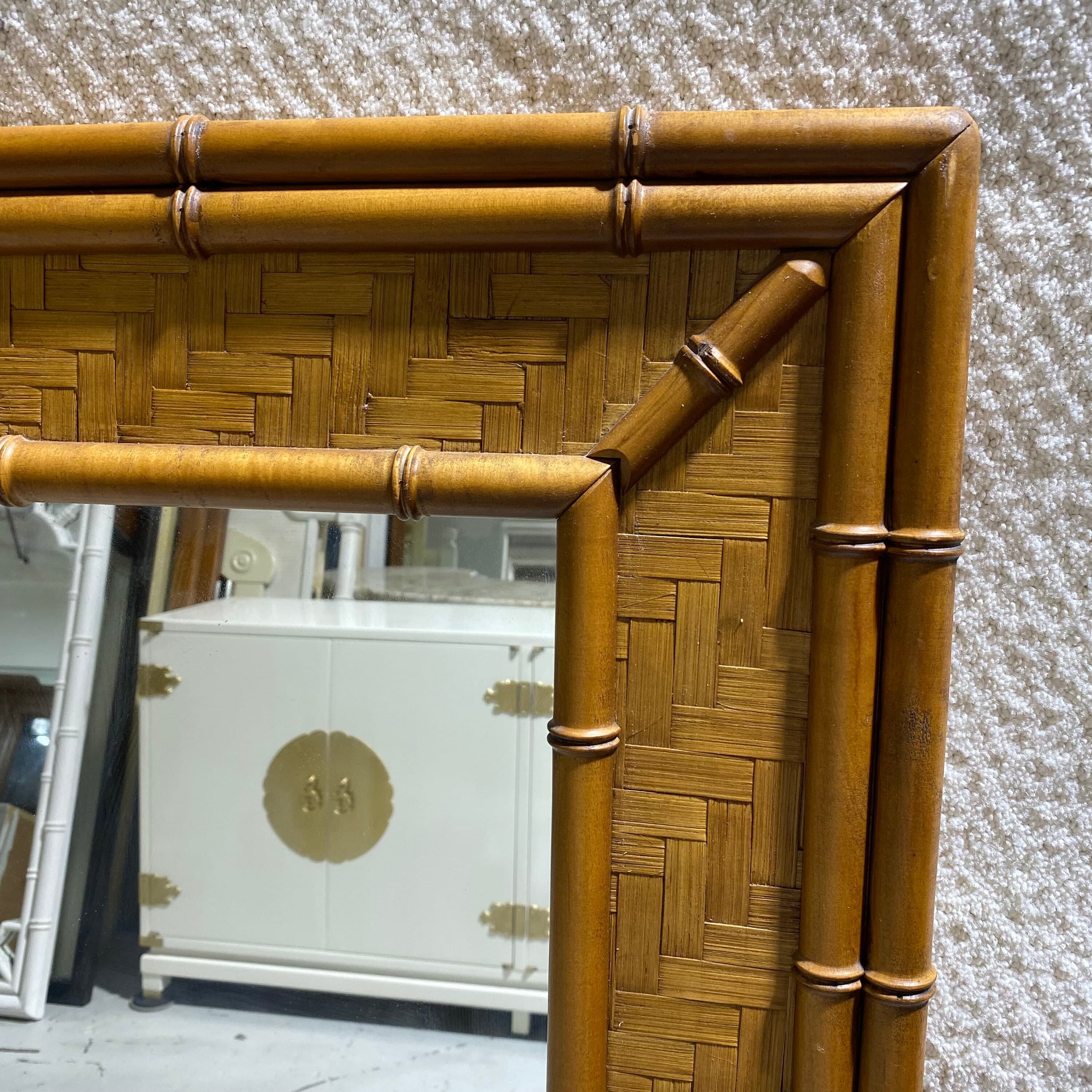 Faux Bamboo Rattan Mirror by Dixie 47x33 LOCAL PICKUP Vintage Herringbone Rectangular Natural Boho Chic Coastal Hollywood Regency - Thumbnail 4