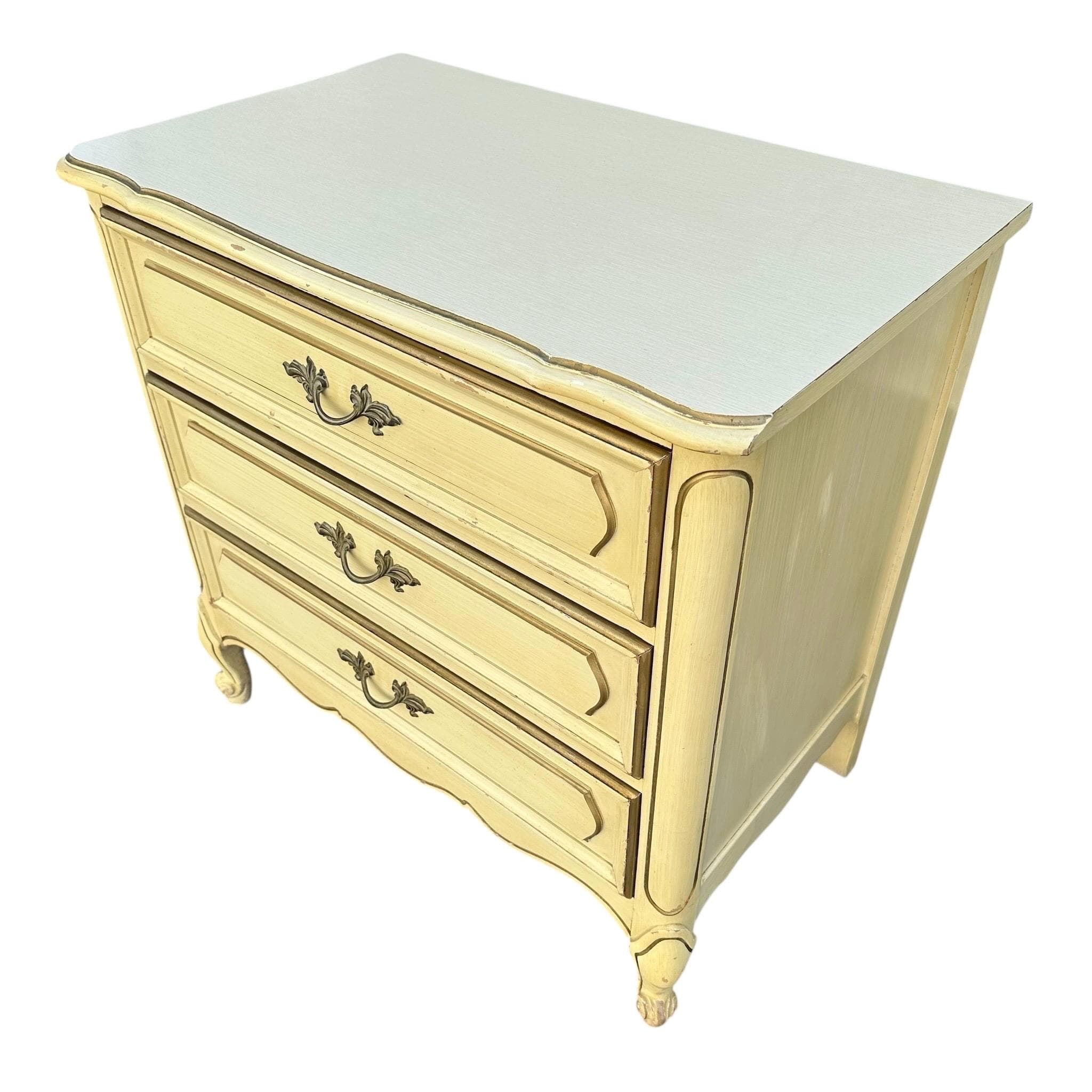 French Provincial Nightstand Chest by Henry Link with 3 Drawers 30” Tall - Vintage Cream & Gold Shabby Chic Louis XV End Table Dresser - Thumbnail 8