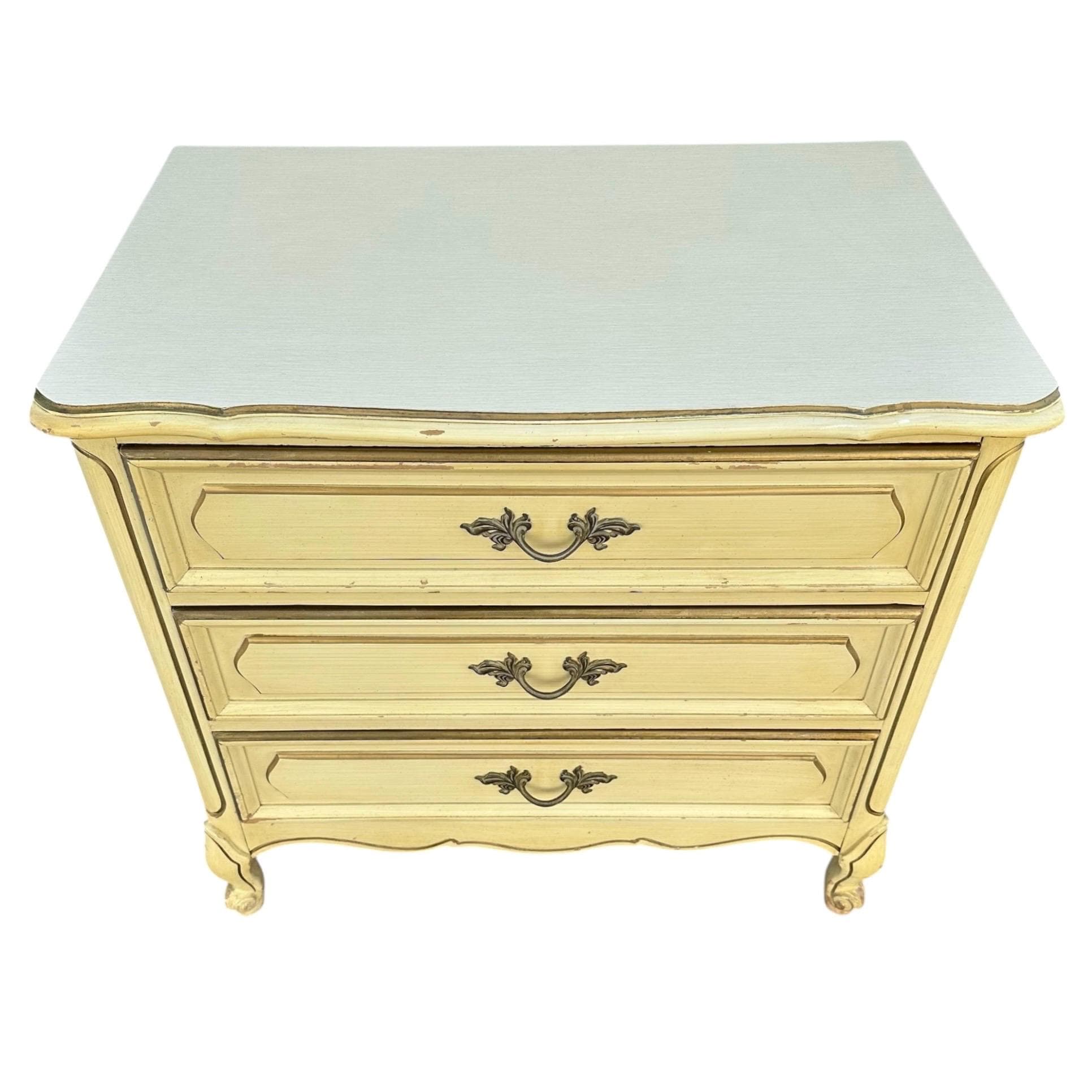 French Provincial Nightstand Chest by Henry Link with 3 Drawers 30” Tall - Vintage Cream & Gold Shabby Chic Louis XV End Table Dresser - Thumbnail 9