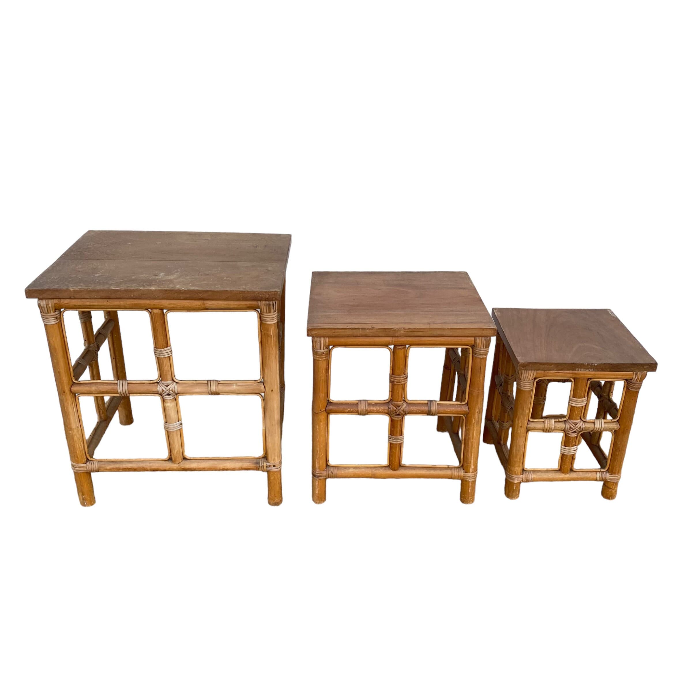 Bamboo Nesting Tables FREE SHIPPING Set of 3 Vintage Boho Rattan & Wood Coastal Chic Furniture - Thumbnail 8