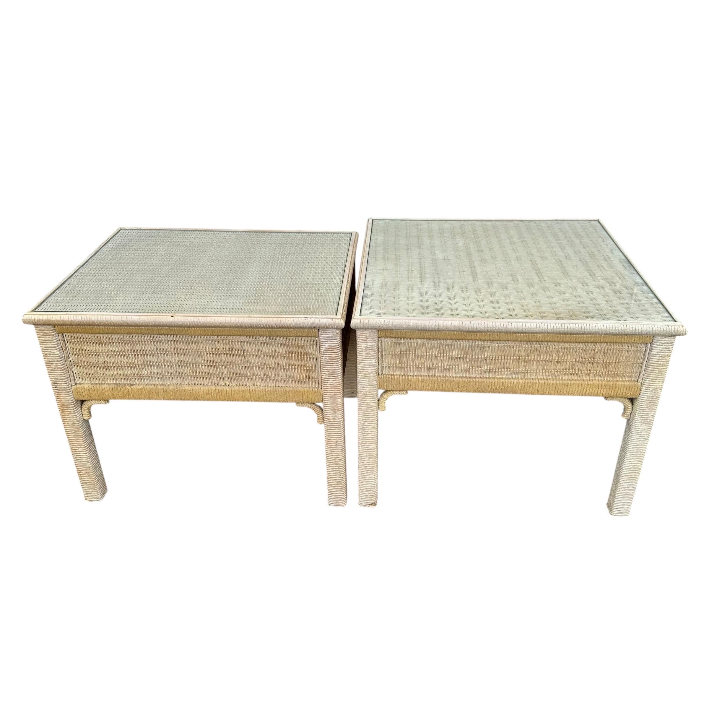 Set of 2 Vintage Henry Link Wicker End Tables with Glass Tops - Coastal Boho Chic Rattan Hollywood Regency Bamboo Style Pair - Thumbnail 2