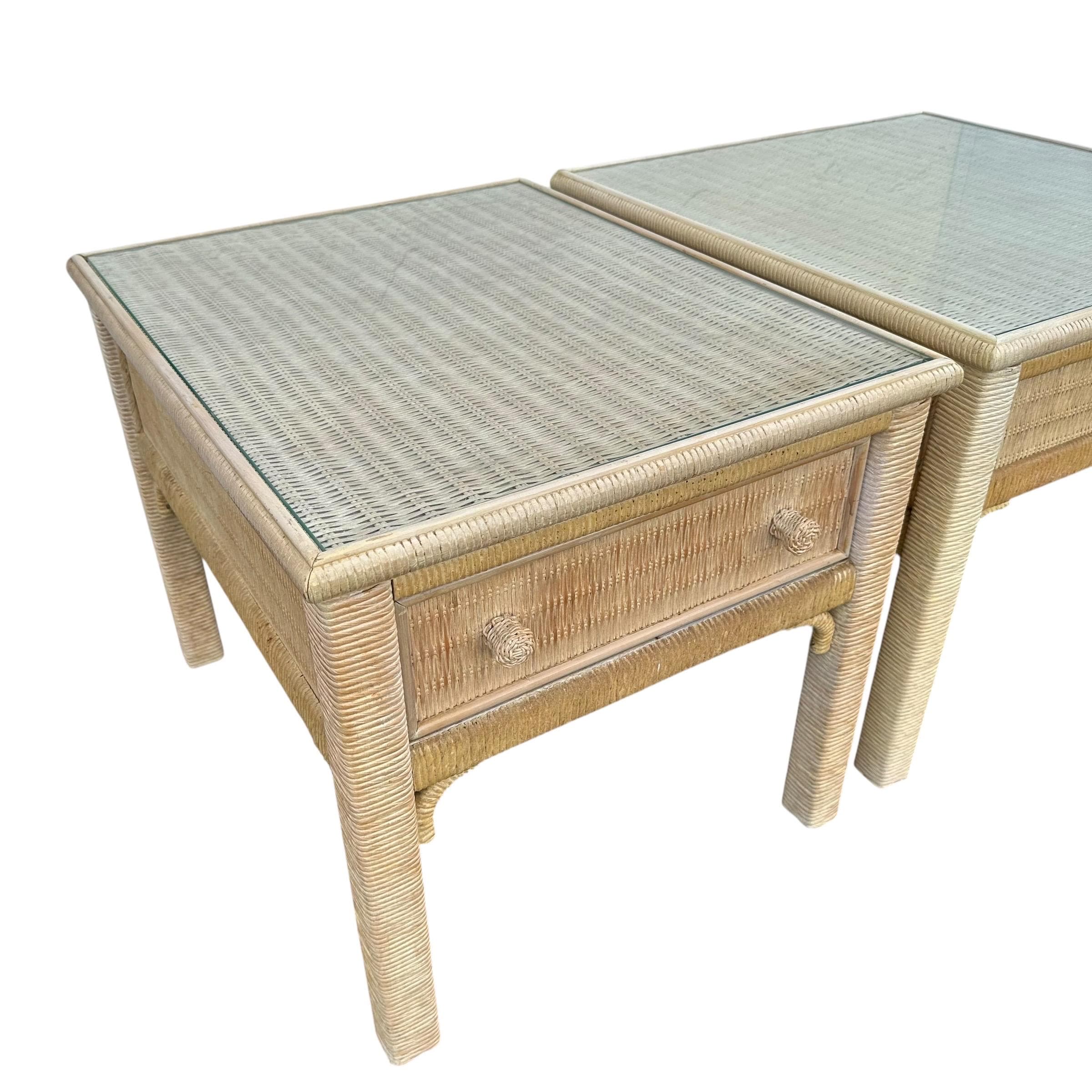 Set of 2 Vintage Henry Link Wicker End Tables with Glass Tops - Coastal Boho Chic Rattan Hollywood Regency Bamboo Style Pair - Thumbnail 3