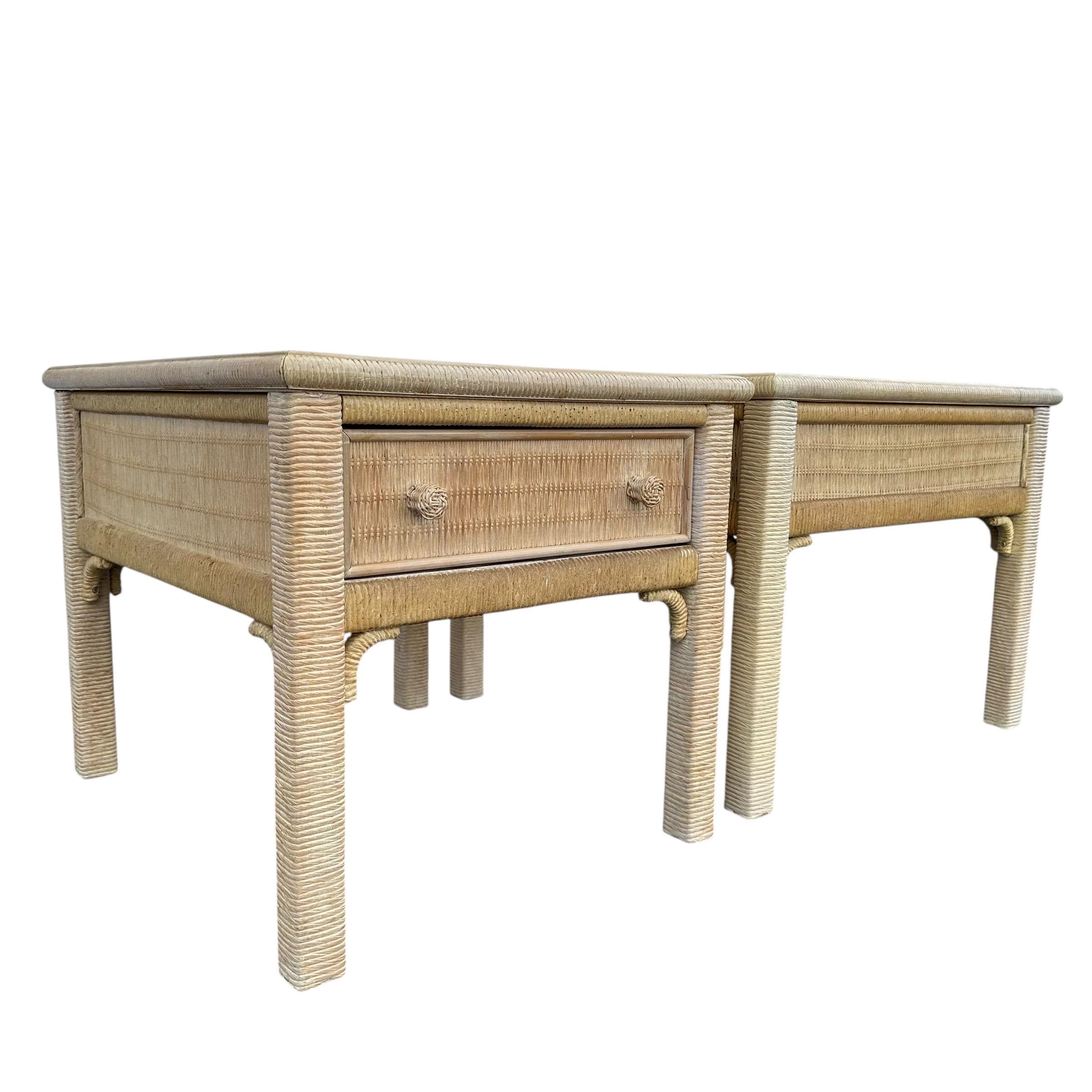 Set of 2 Vintage Henry Link Wicker End Tables with Glass Tops - Coastal Boho Chic Rattan Hollywood Regency Bamboo Style Pair - Thumbnail 9