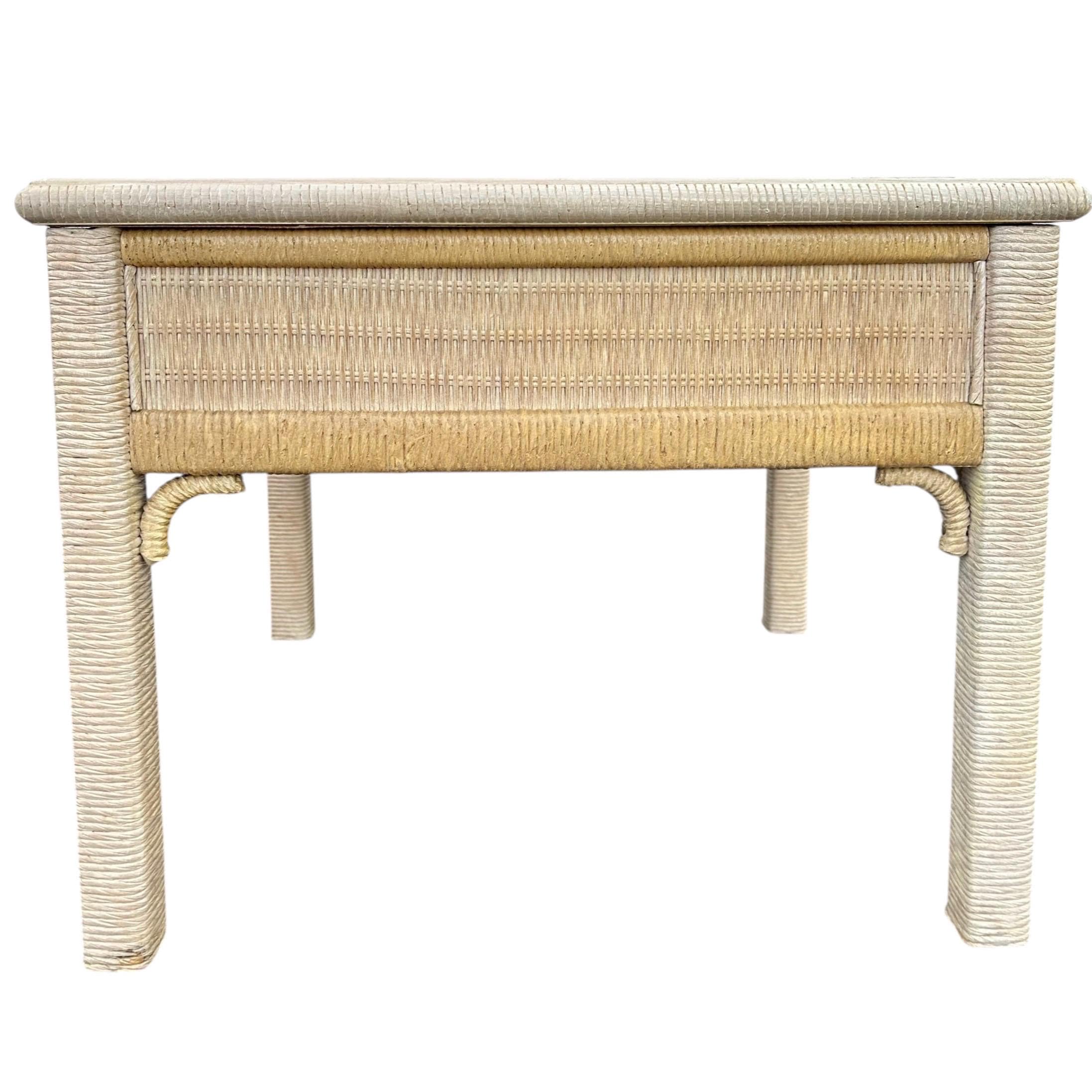 Rattan End Table by Henry Link Wicker 27x27 with Glass Top - Vintage Sqaure Coastal Boho Chic Hollywood Regency Bamboo Style Furniture - Thumbnail 2