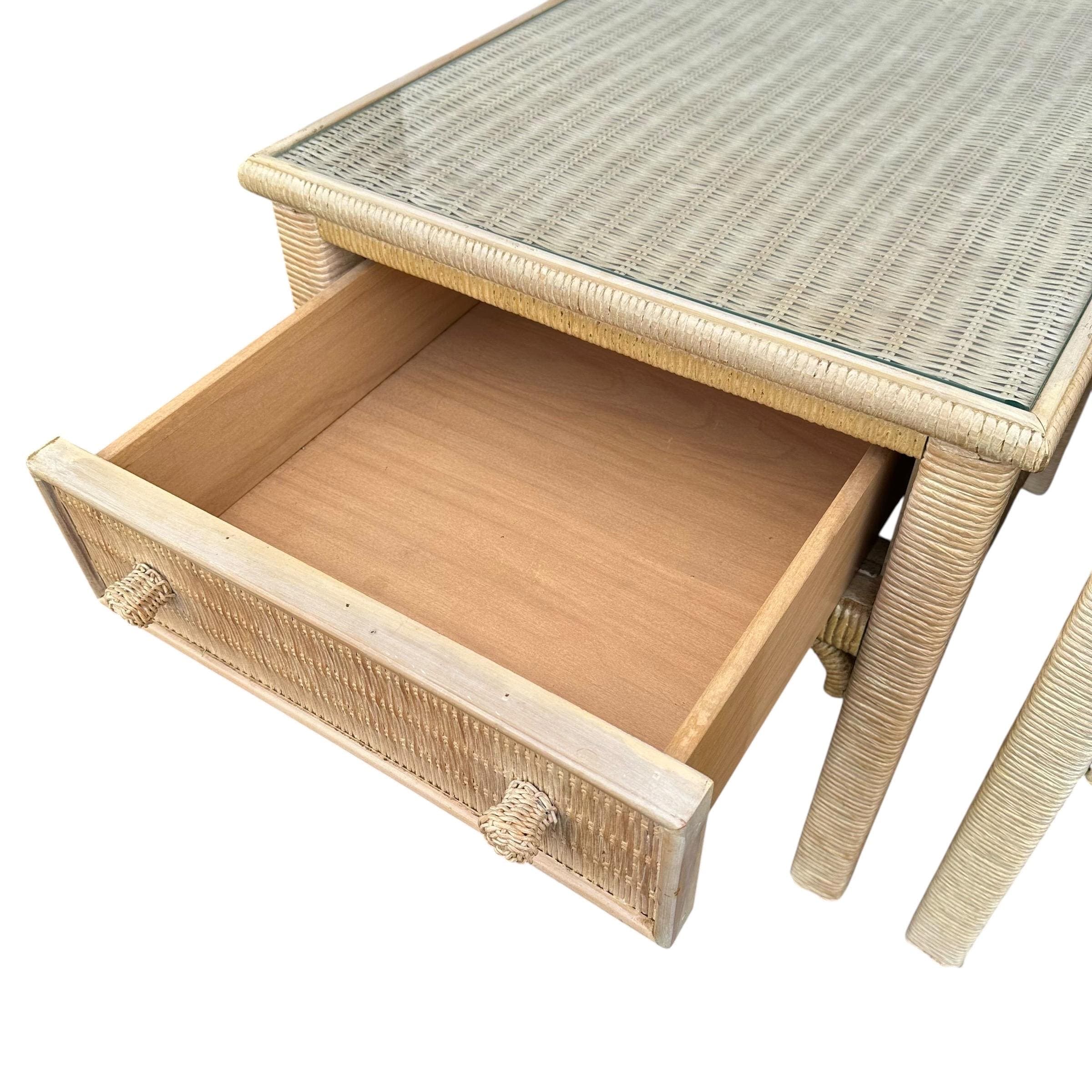 Set of 2 Vintage Henry Link Wicker End Tables with Glass Tops - Coastal Boho Chic Rattan Hollywood Regency Bamboo Style Pair - Thumbnail 5