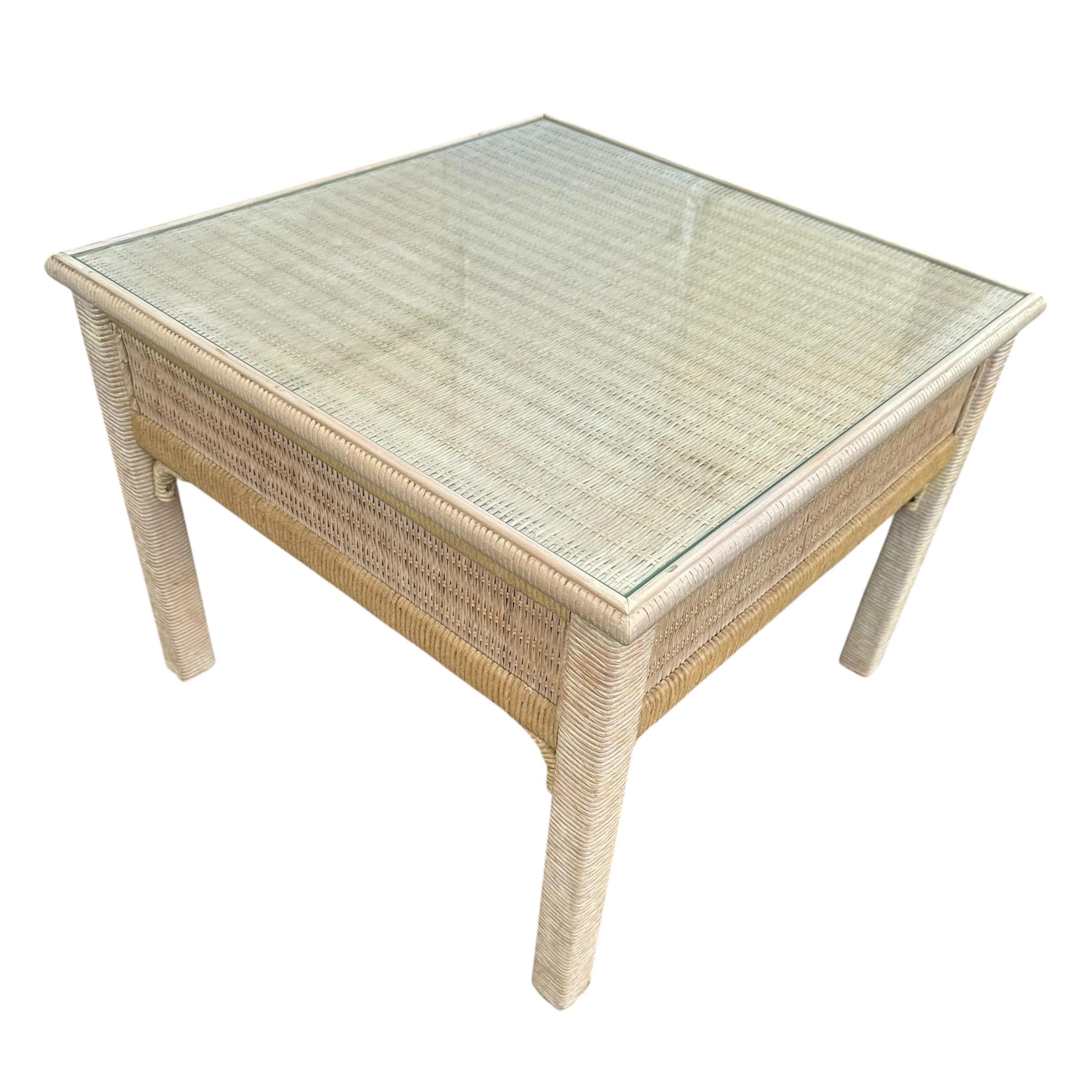 Rattan End Table by Henry Link Wicker 27x27 with Glass Top - Vintage Sqaure Coastal Boho Chic Hollywood Regency Bamboo Style Furniture - Thumbnail 7