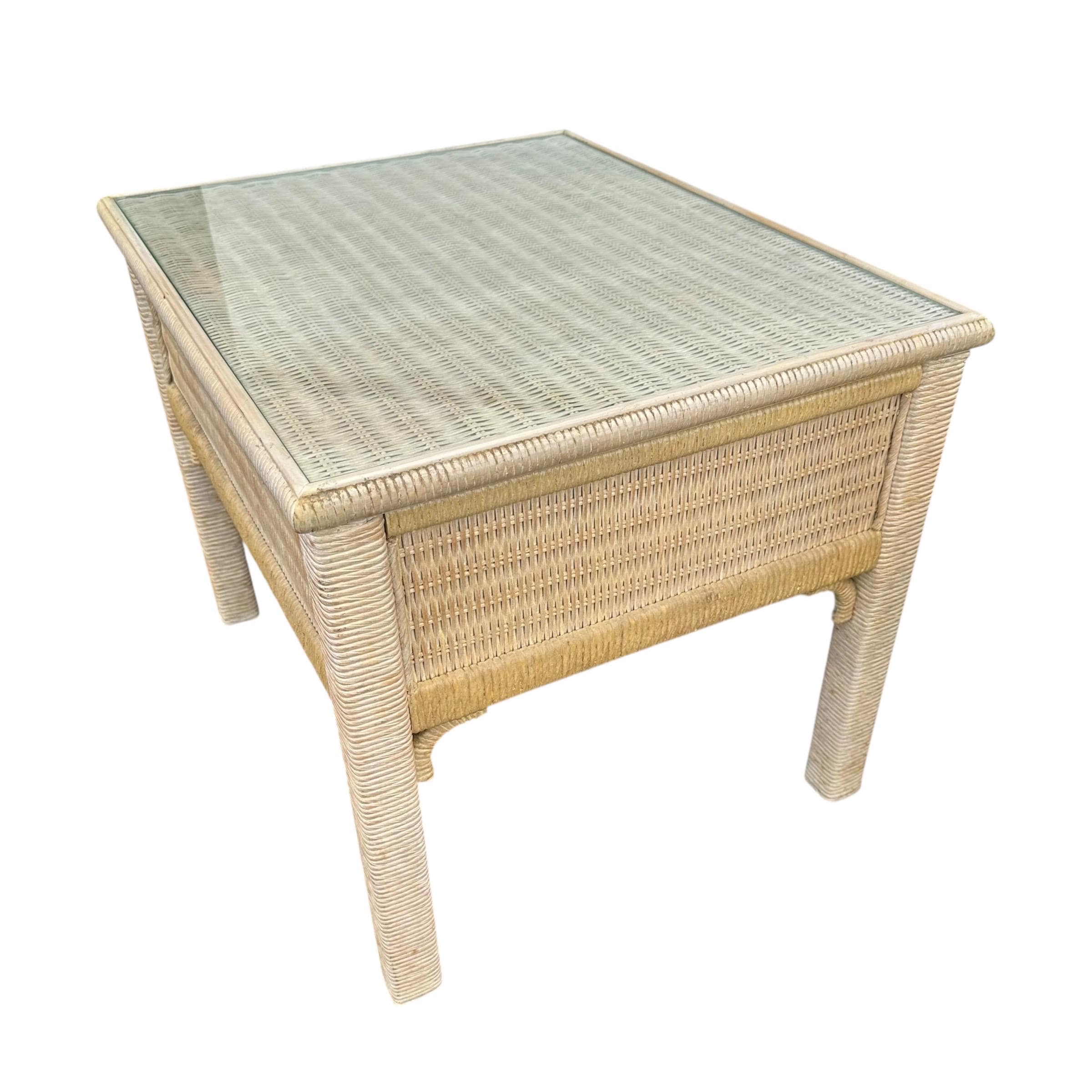 Rattan End Table by Henry Link Wicker 27x27 with Glass Top - Vintage Sqaure Coastal Boho Chic Hollywood Regency Bamboo Style Furniture - Thumbnail 9