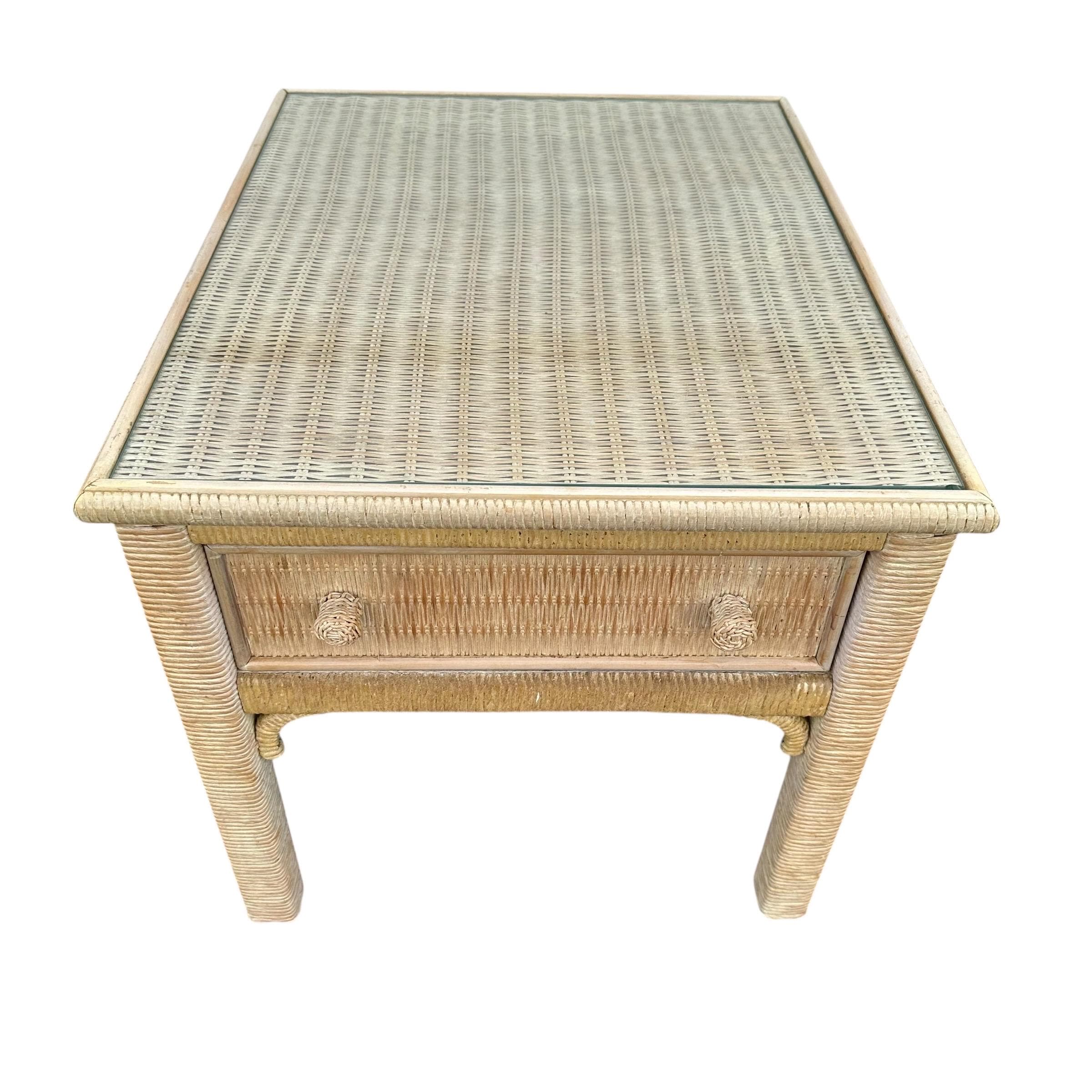 Rattan End Table by Henry Link Wicker 22x27 with Glass Top & Drawer - Vintage Coastal Boho Chic Hollywood Regency Bamboo Style Furniture - Thumbnail 2