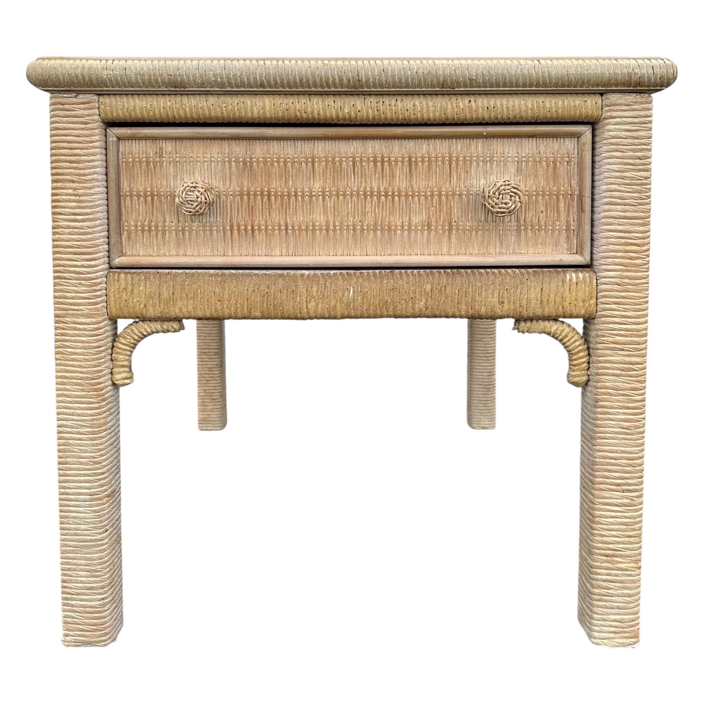 Rattan End Table by Henry Link Wicker 22x27 with Glass Top & Drawer - Vintage Coastal Boho Chic Hollywood Regency Bamboo Style Furniture - Image 1